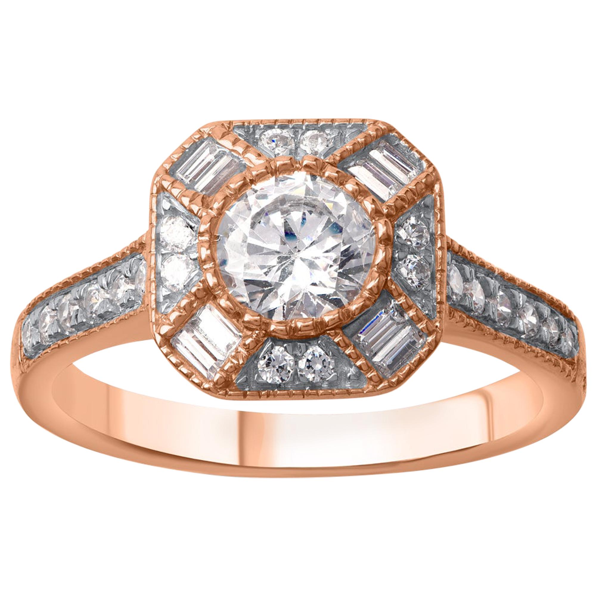 TJD 1.00 CTW Round and Baguette Diamond 18 K Rose Gold Octagon Halo Vintage Ring For Sale