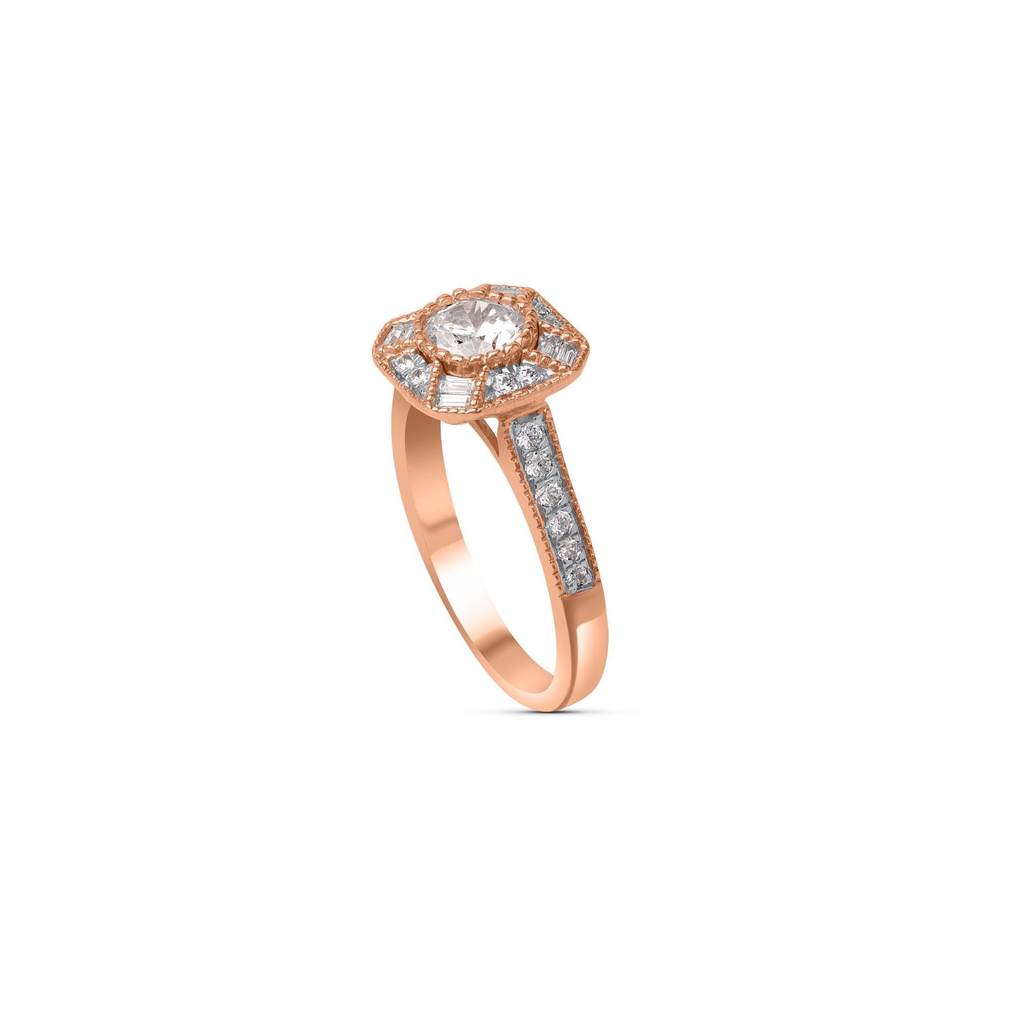 This diamond engagement ring dazzles with 21 brilliant-cut and 6 baguette-cut diamonds set elegantly in bezel, pave and channel setting and fashioned in 18 kt rose gold. Diamonds are graded H-I Color, I1 Clarity. 

Metal color and ring size can be