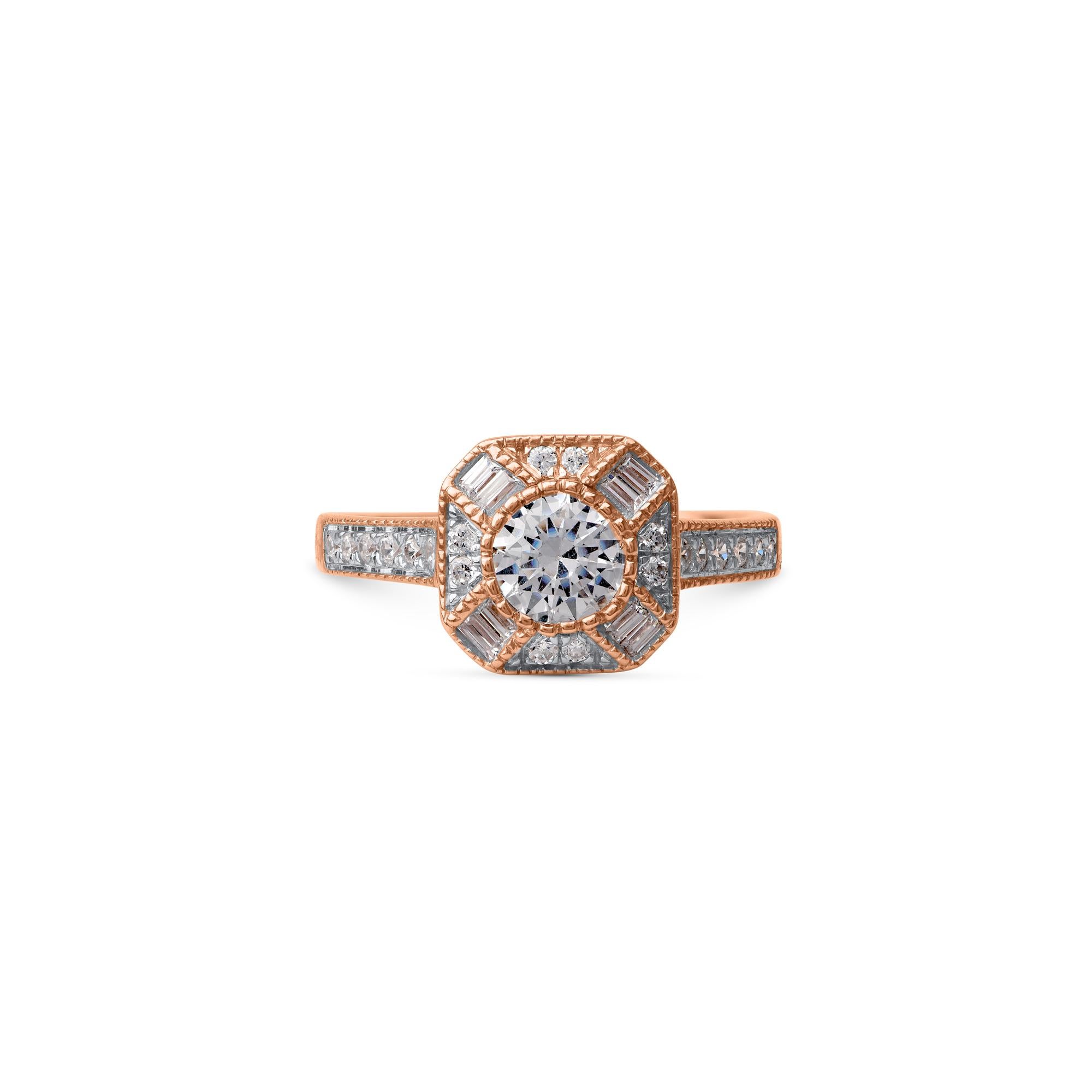 Modern TJD 1.00 CTW Round and Baguette Diamond 18 K Rose Gold Octagon Halo Vintage Ring For Sale