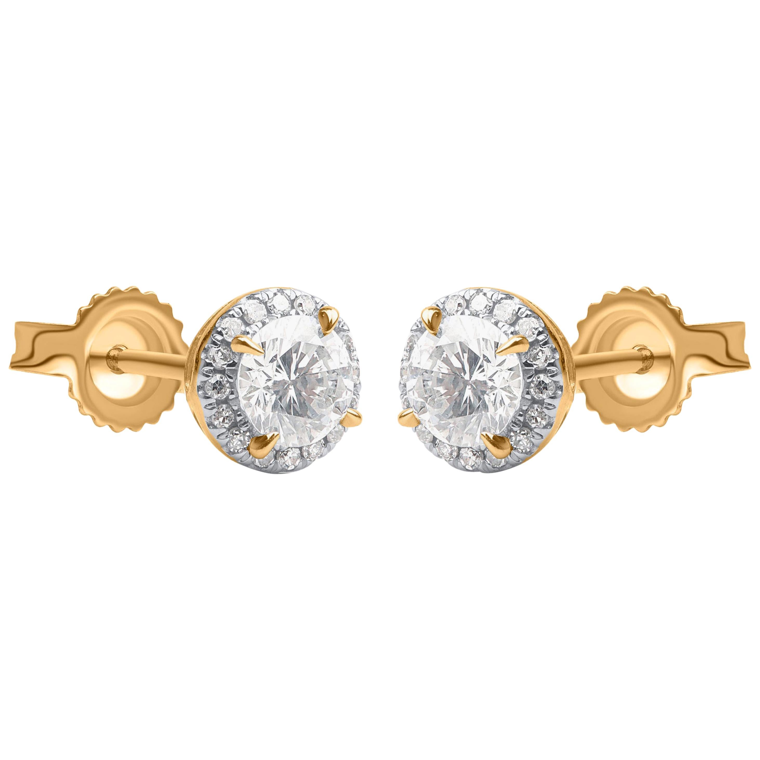These stud earrings feature 36 natural brilliant diamonds set in prong setting and are handcrafted by our in-house experts, crafted in 10-karat yellow gold. These diamond stud earrings look classic and elegant. The size of the center stone is 0.40