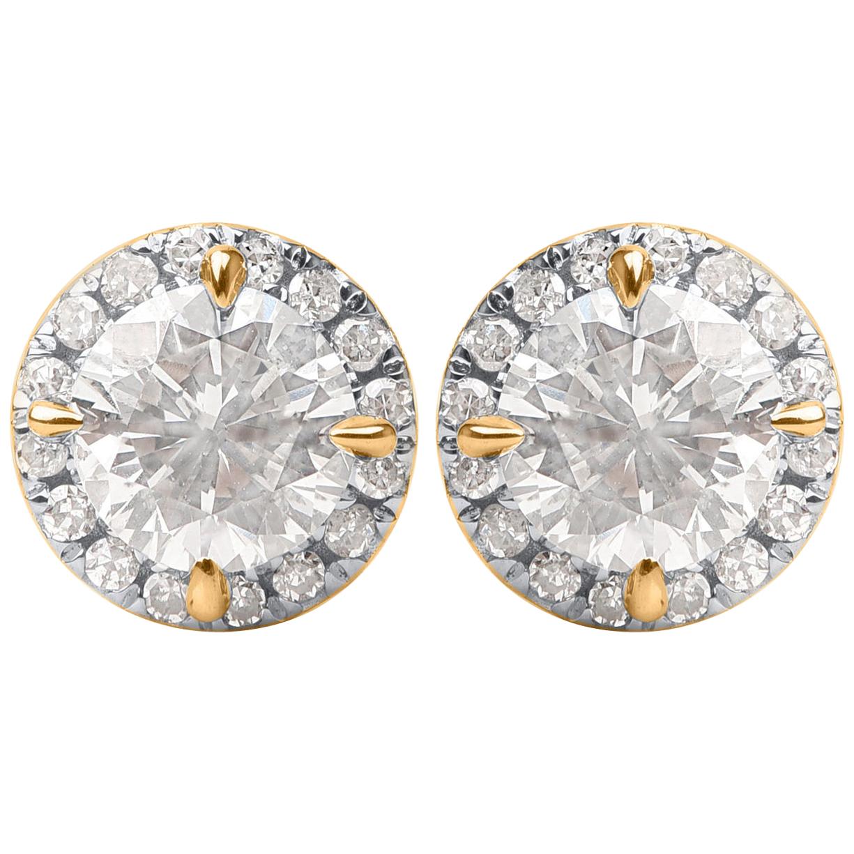 TJD 1.00 Carat Diamond 10 Karat Yellow Gold Designer Single Halo Earrings For Sale