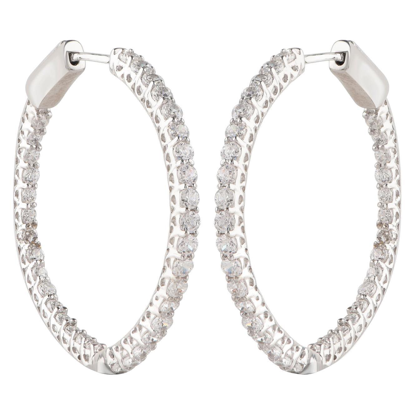 TJD 1.00 Carat Inside Outside Diamond 18 Karat White Gold Classic Hoop Earrings For Sale