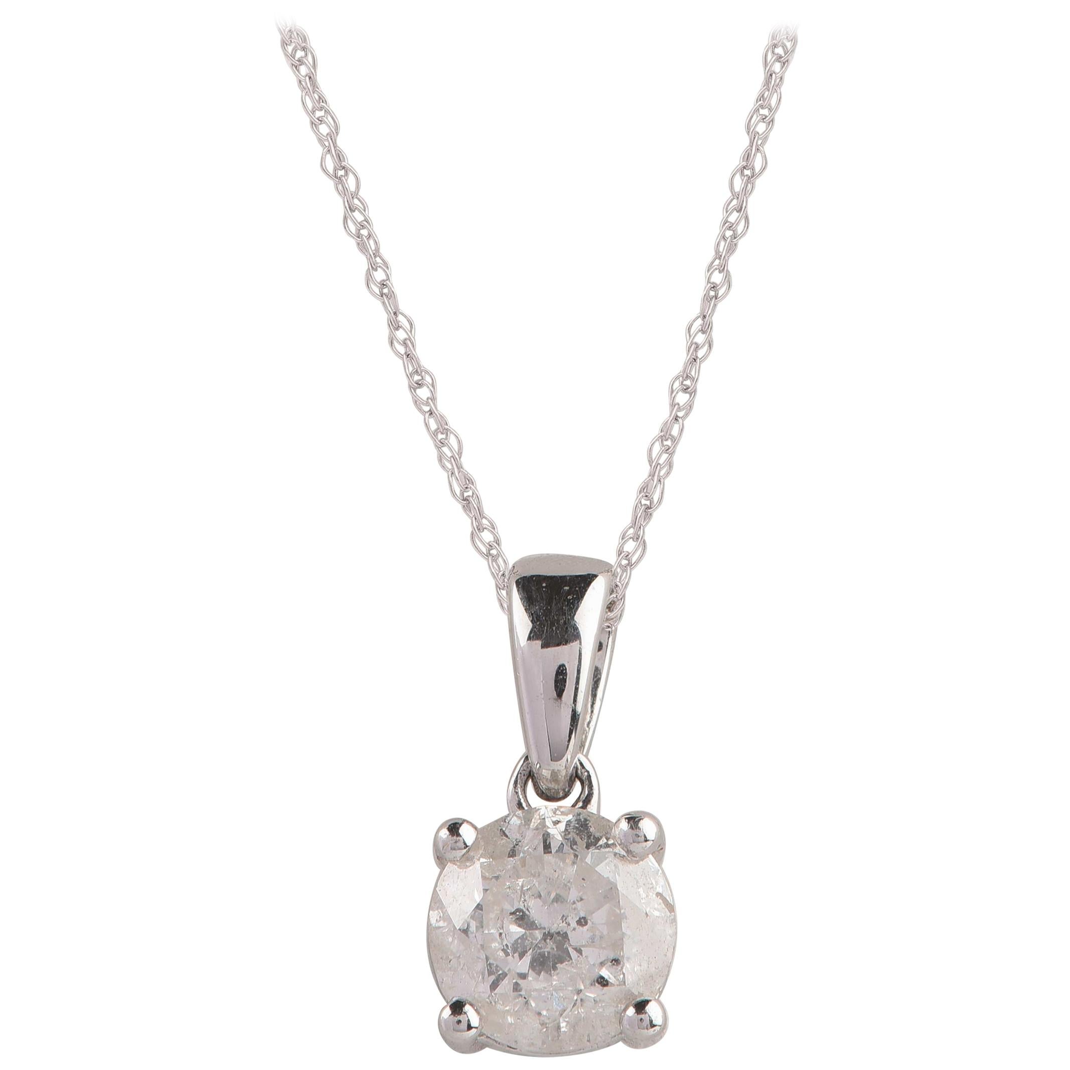 TJD 1.00 Carat Diamond 14 Karat White Gold Solitaire Pendant with 18 inch chain For Sale