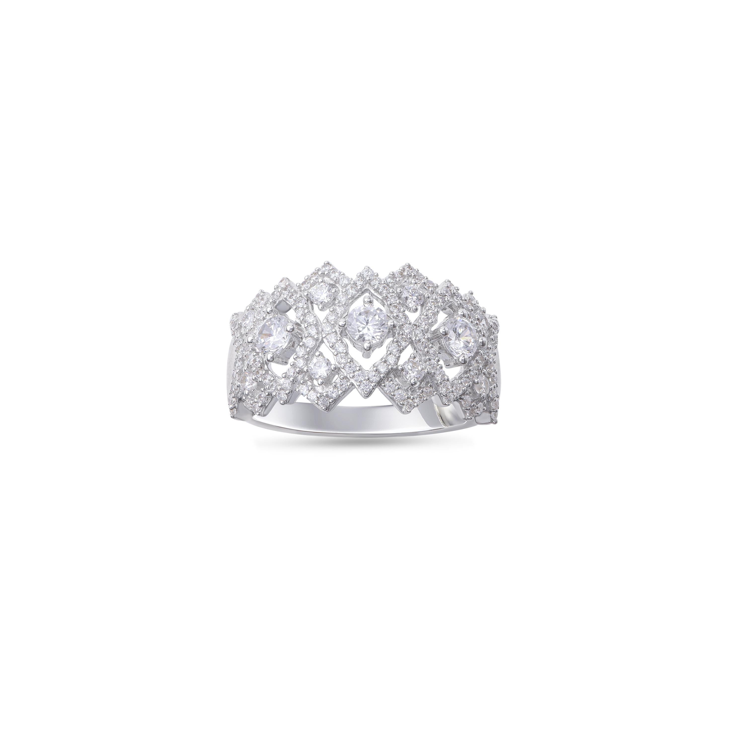 This stunning wedding ring is embedded with 137 brilliant diamonds in prong setting and designed by experts in 18-karat white gold. Diamonds are graded H-I Color, I2 Clarity. 

Metal color and ring size can be customized on request. 

This piece is