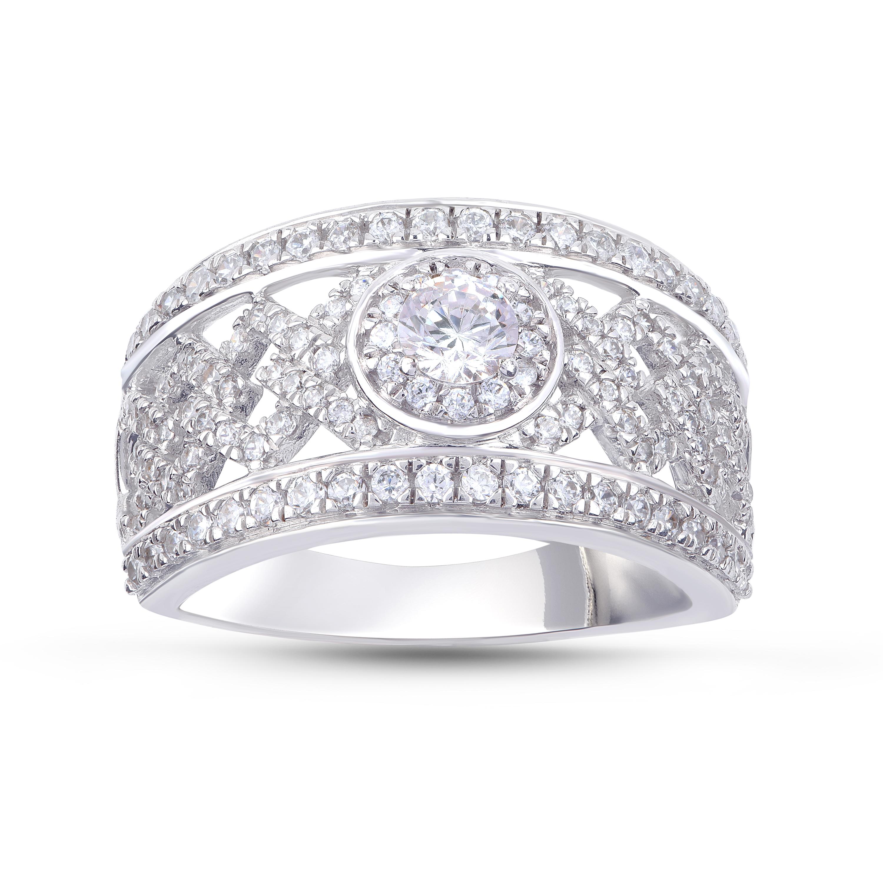 A flawless fusion of brilliant cut diamonds and white gold. The ring is handcrafted by our in-house experts in 18-karat white gold and studded with 123 brilliant diamond in prong and micro-prong setting. Diamonds are graded H Color, I1 Clarity.