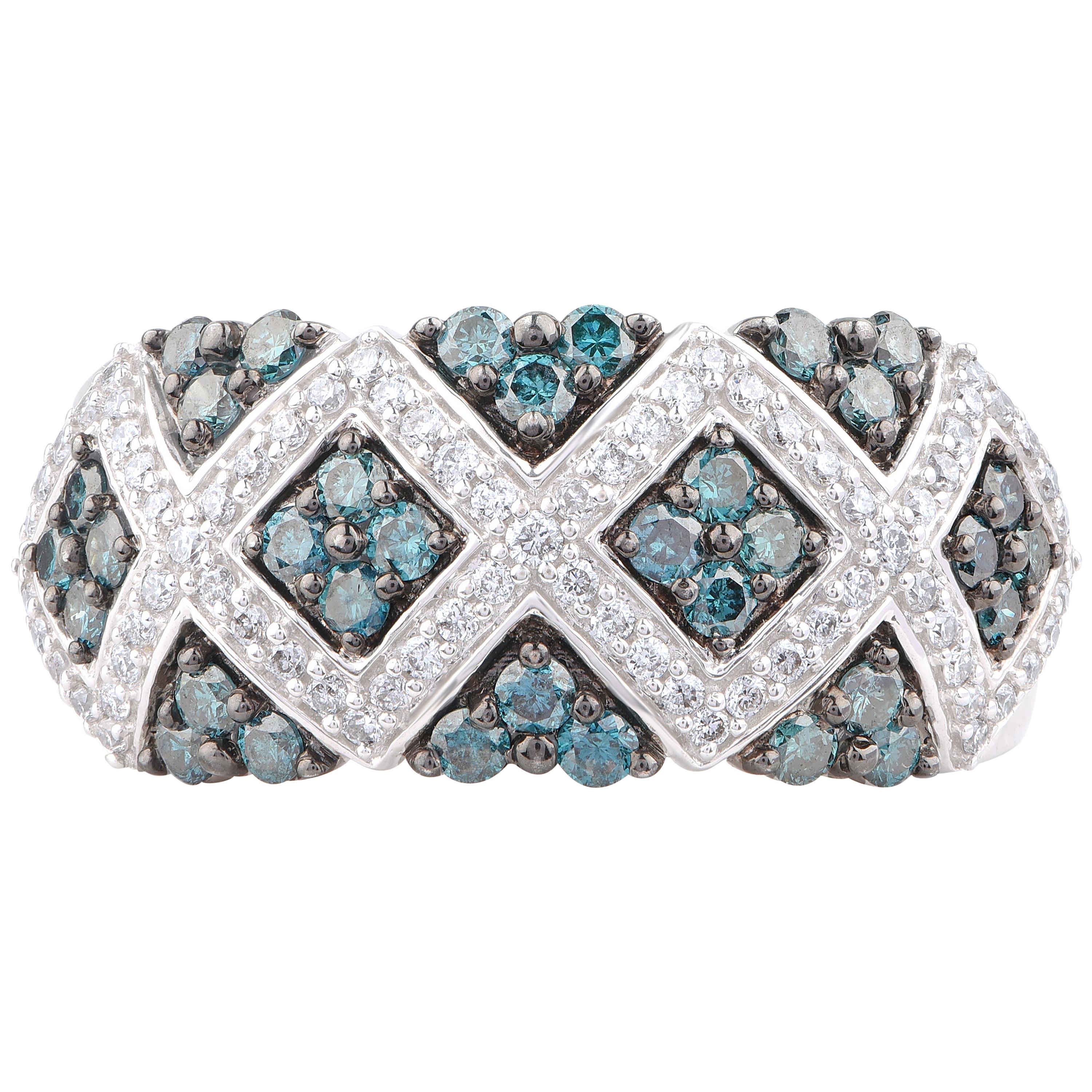 TJD 1.00 Carat White and Blue Diamond 18 K White Gold Square Design Wedding Ring For Sale