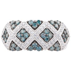 TJD 1.00 Carat White and Blue Diamond 18 K White Gold Square Design Wedding Ring