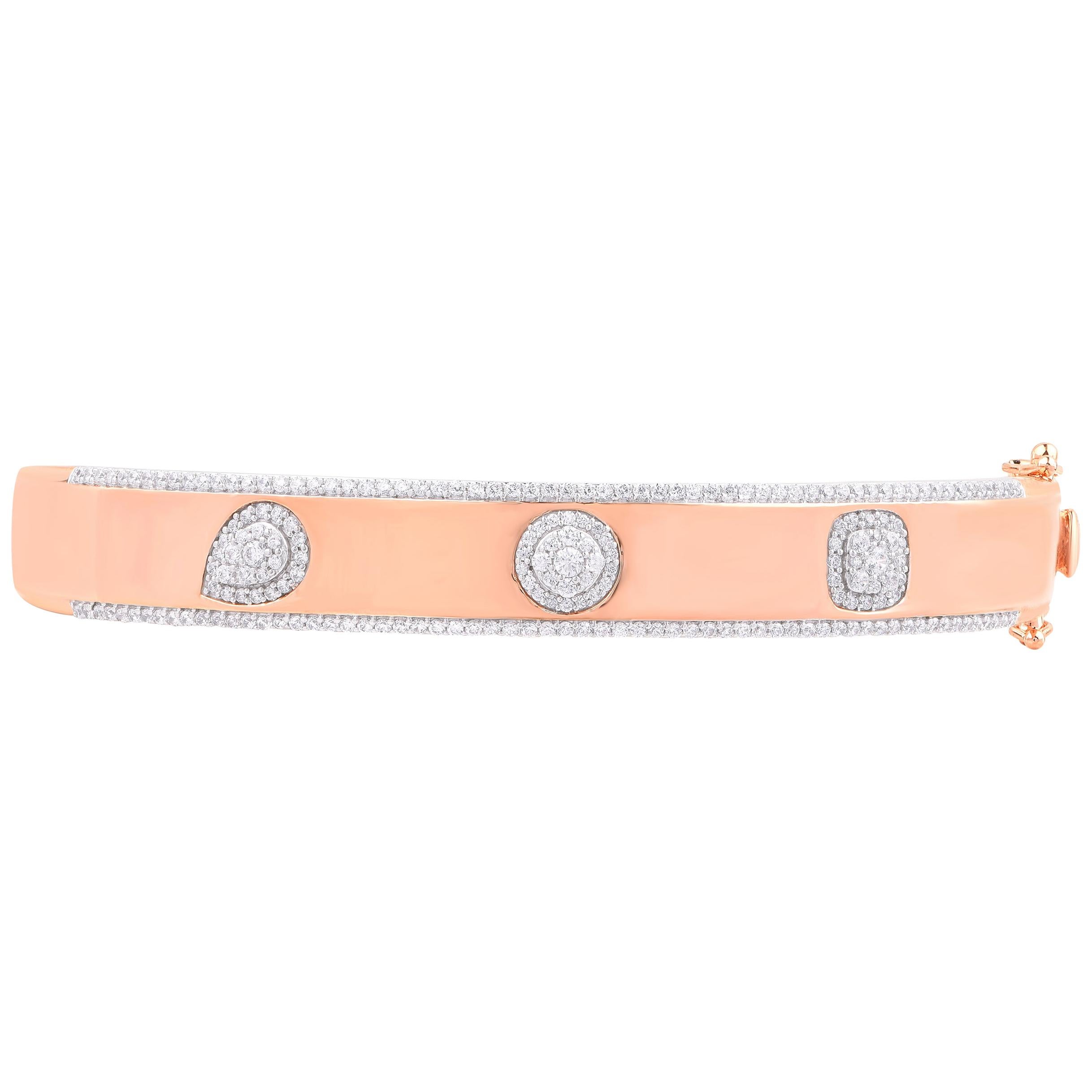 TJD Bracelet jonc à charnière en or rose 18 carats avec grappe de diamants de 1,00 carat et motif rainuré