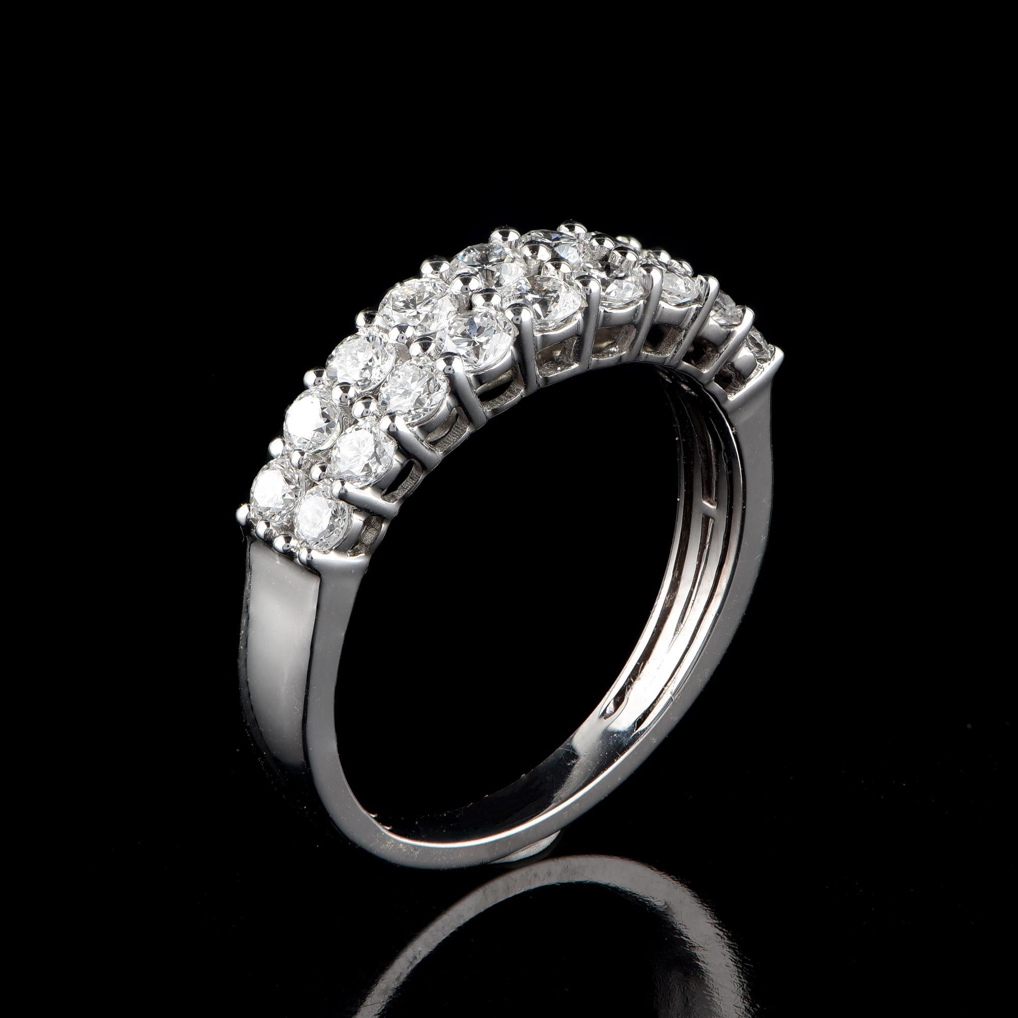 Round Cut TJD 1.00 Carat Round Diamond 18 Karat White Gold Double Row Prong Set Ring For Sale