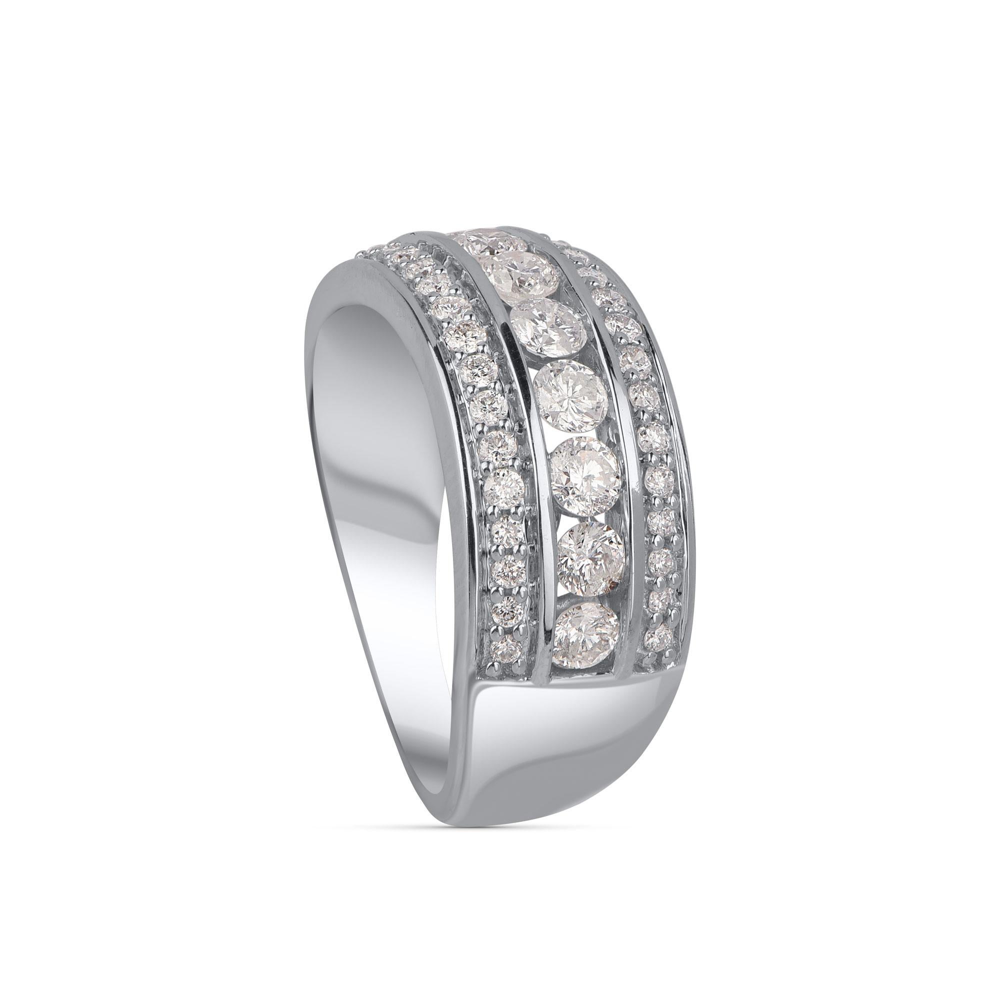 This stunning diamond engagement ring is studded with 43 round-cut diamonds in pave and channel setting and beautifully crafted in 18 kt white gold. The diamonds are graded JK color, I3 clarity. 

Metal color and ring size can be customized on