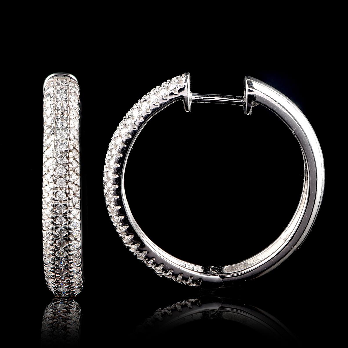 Contemporary TJD 1.00 Carat 3- Row Diamond 18 Karat White Gold Classic Hoop Earrings For Sale