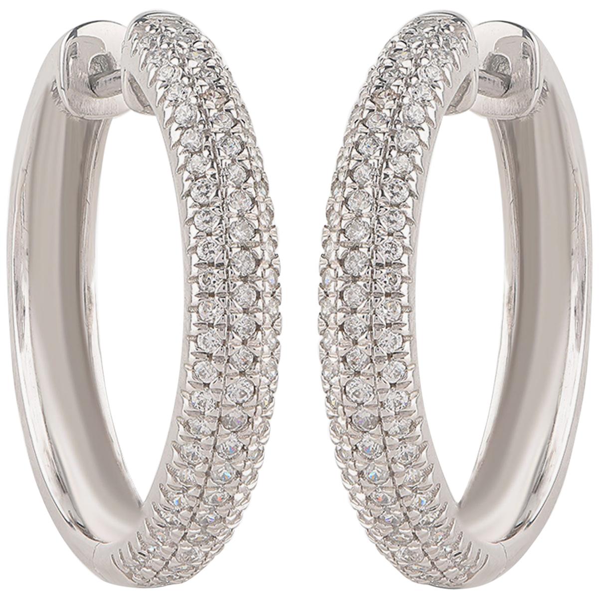TJD 1.00 Carat 3- Row Diamond 18 Karat White Gold Classic Hoop Earrings For Sale