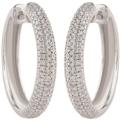 TJD 1.00 Carat 3- Row Diamond 18 Karat White Gold Classic Hoop Earrings