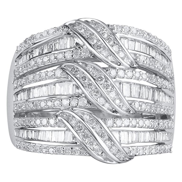TJD 1.00 Carat Round and Baguette Diamond 10 K White Gold 3-Wave Designer Ring
