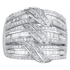 TJD 1,00 Karat Runder und Baguette-Diamant 10 K Weißgold 3-Wave Designer Ring