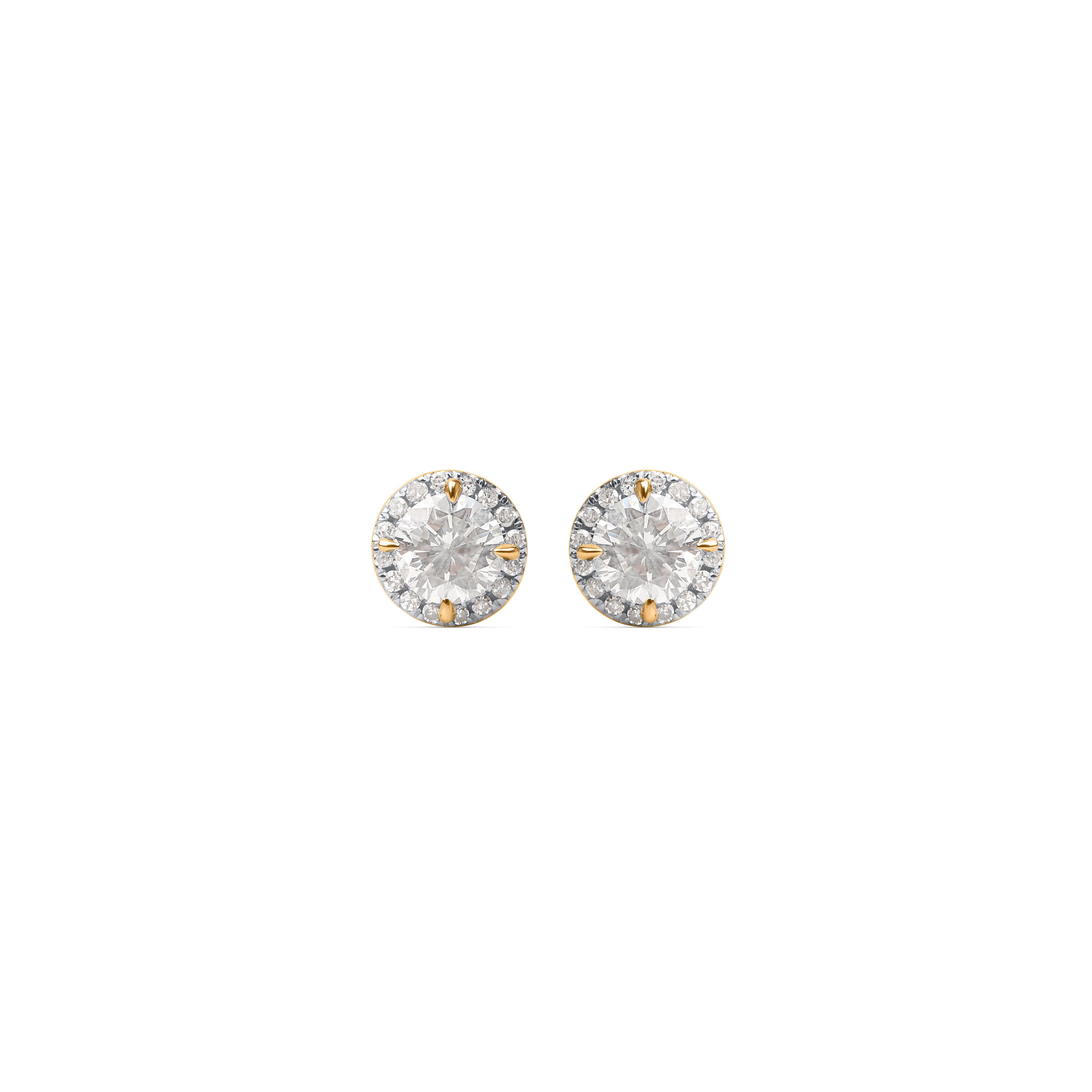 These stud earrings feature 36 natural brilliant cut diamond set in prong setting and are handcrafted by our in-house experts, crafted in 10-karat yellow gold. These diamond stud earrings look classic and elegant. The diamonds are graded H-I Color,