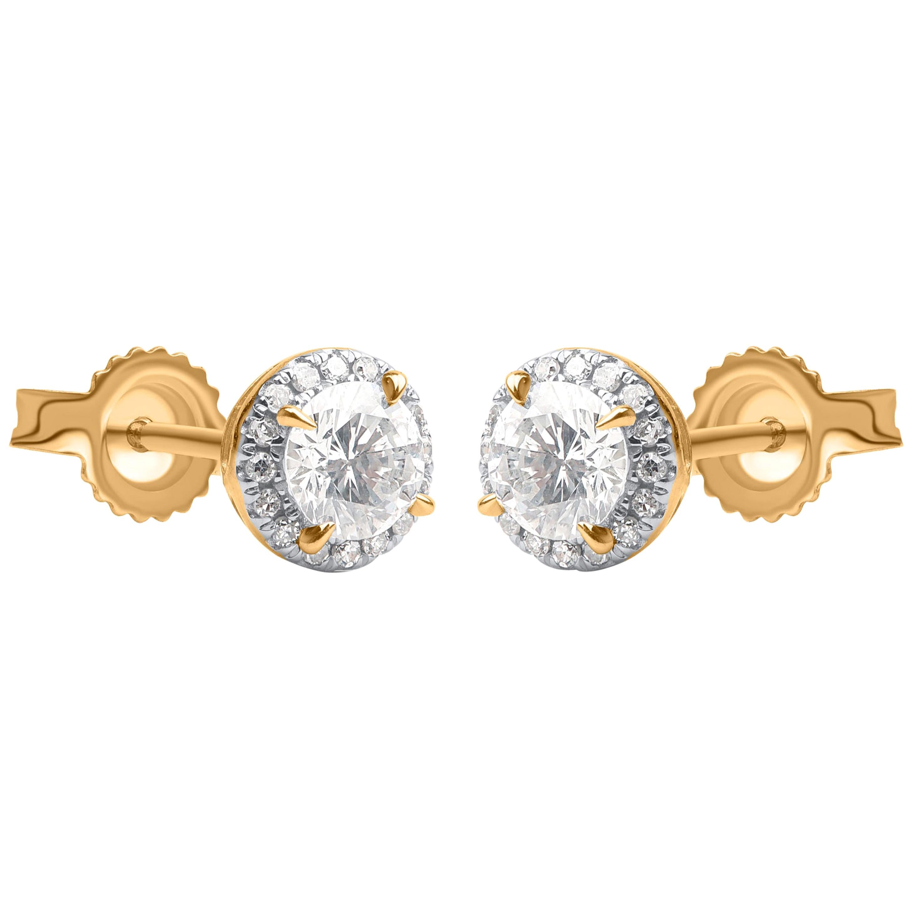 TJD 1.00 Carat Diamond 10 Karat Yellow Gold Designer Single Halo Earrings