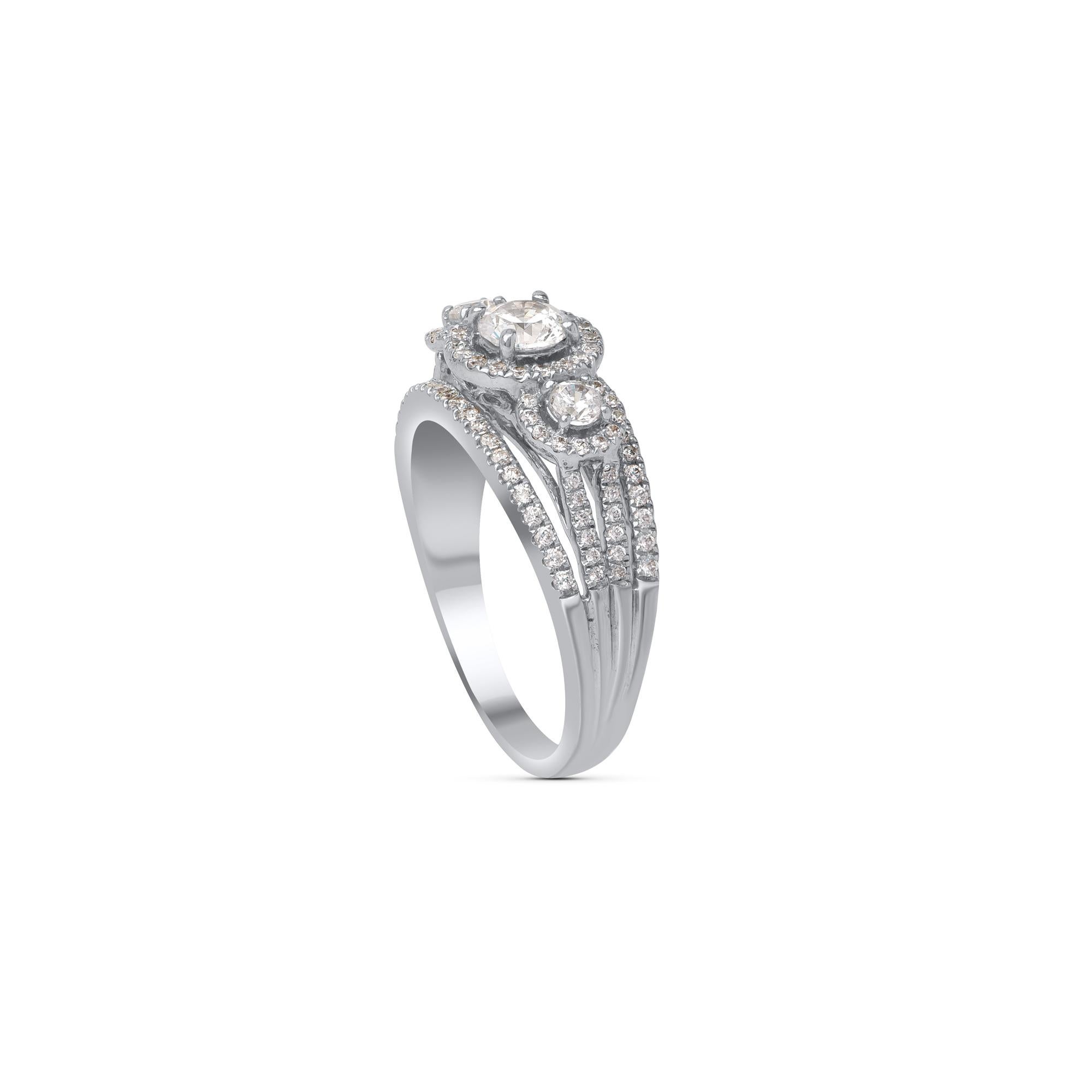 This diamond ring sparkles with 107 brilliant-cut diamonds and is fashioned in 18 kt white gold. The diamonds are elegantly set in prong and pave setting. Diamonds are graded H-I Color, I2 Clarity. 

Metal color and ring size can be customized on