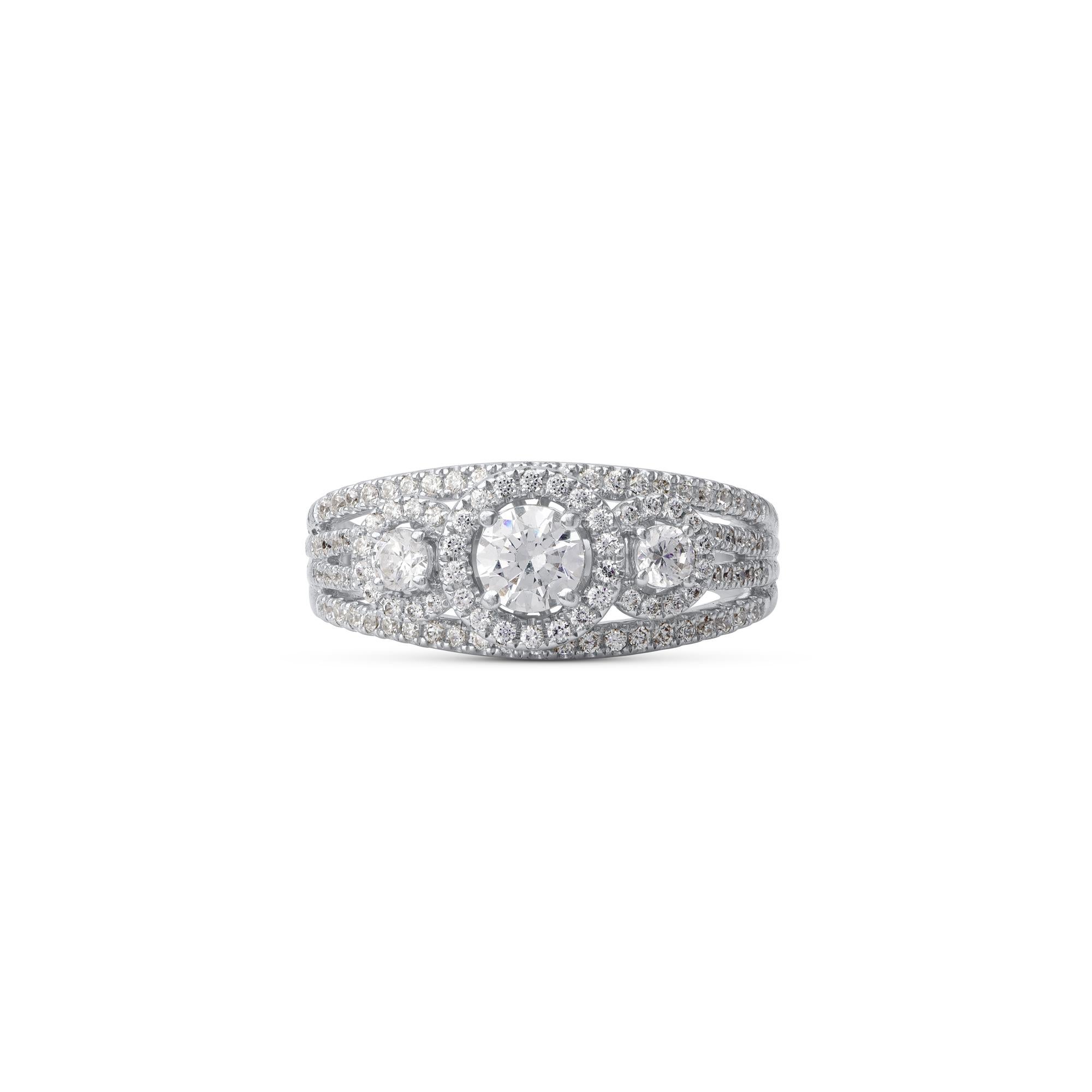 Moderne TJD Bague de fiançailles à trois rangées de diamants de 1,00 carat en or blanc 18 carats avec 3 pierres en vente
