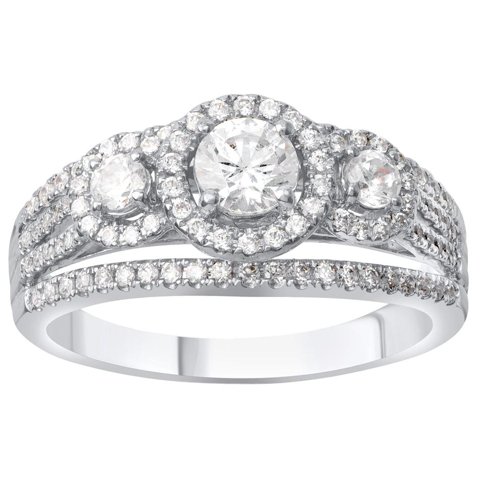 TJD 1.00 Carat Diamond 18 Karat White Gold 3 Stone Multi Row Engagement Ring For Sale