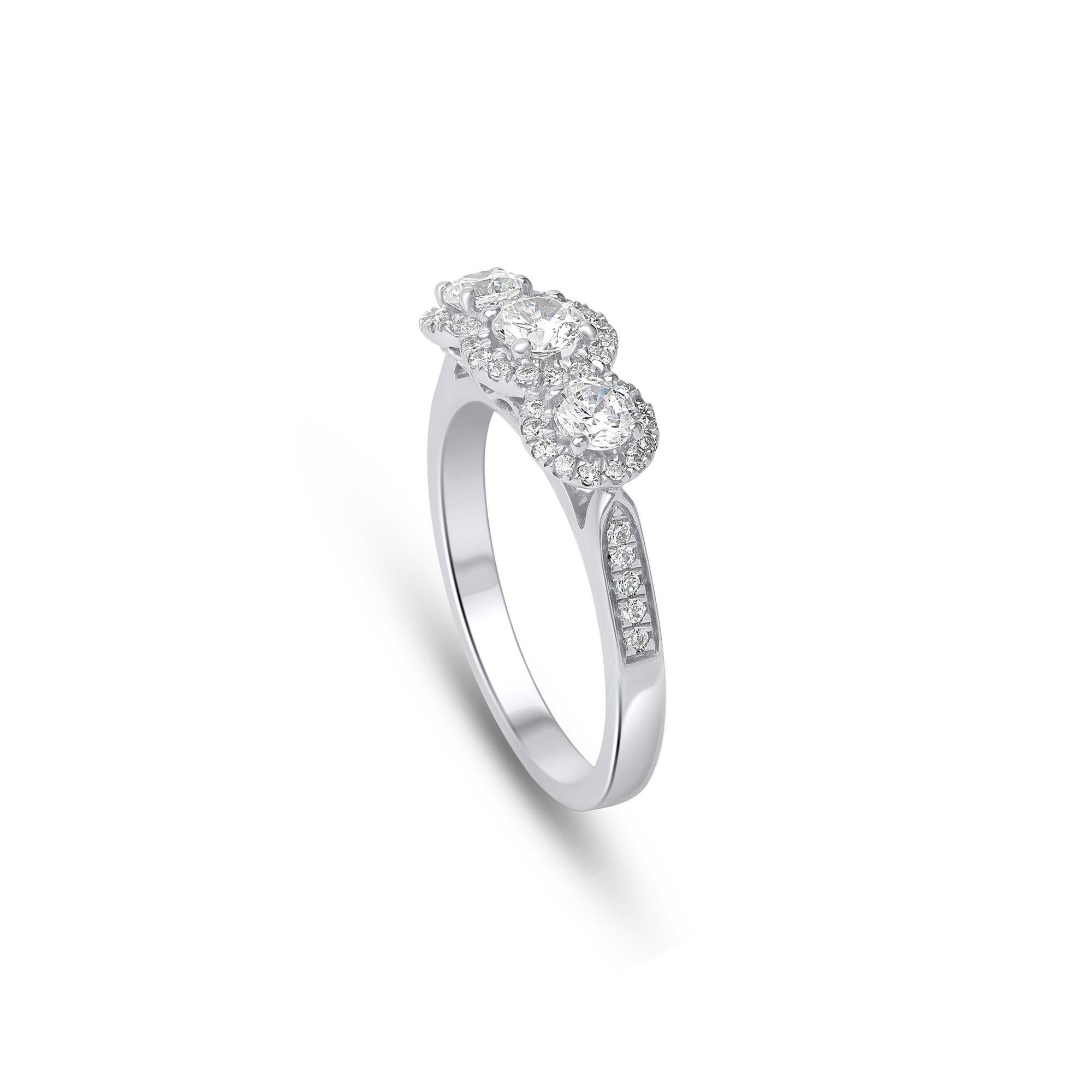 50 brilliant-cut diamonds embedded beautifully in prong and pave setting and handcrafted by our in-house experts in 18 KT white gold. Diamonds are graded H-I Color, I1 Clarity 

Metal color and ring size can be customized on request. 

This piece is