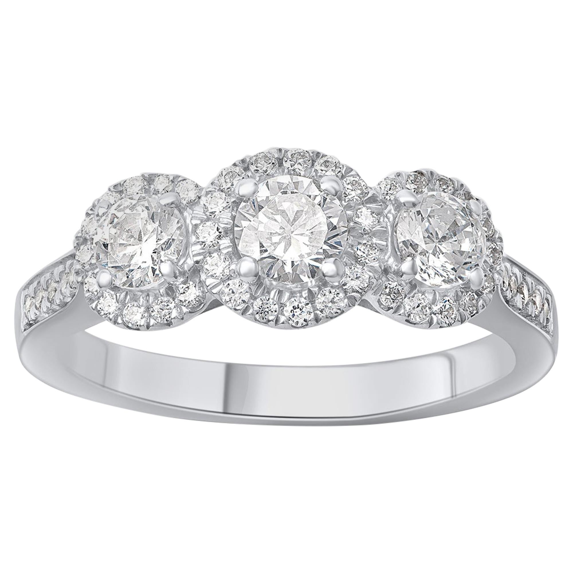 TJD 1.00 Carat Round Diamond 18 K White Gold 3 Stone Vintage Engagement Ring