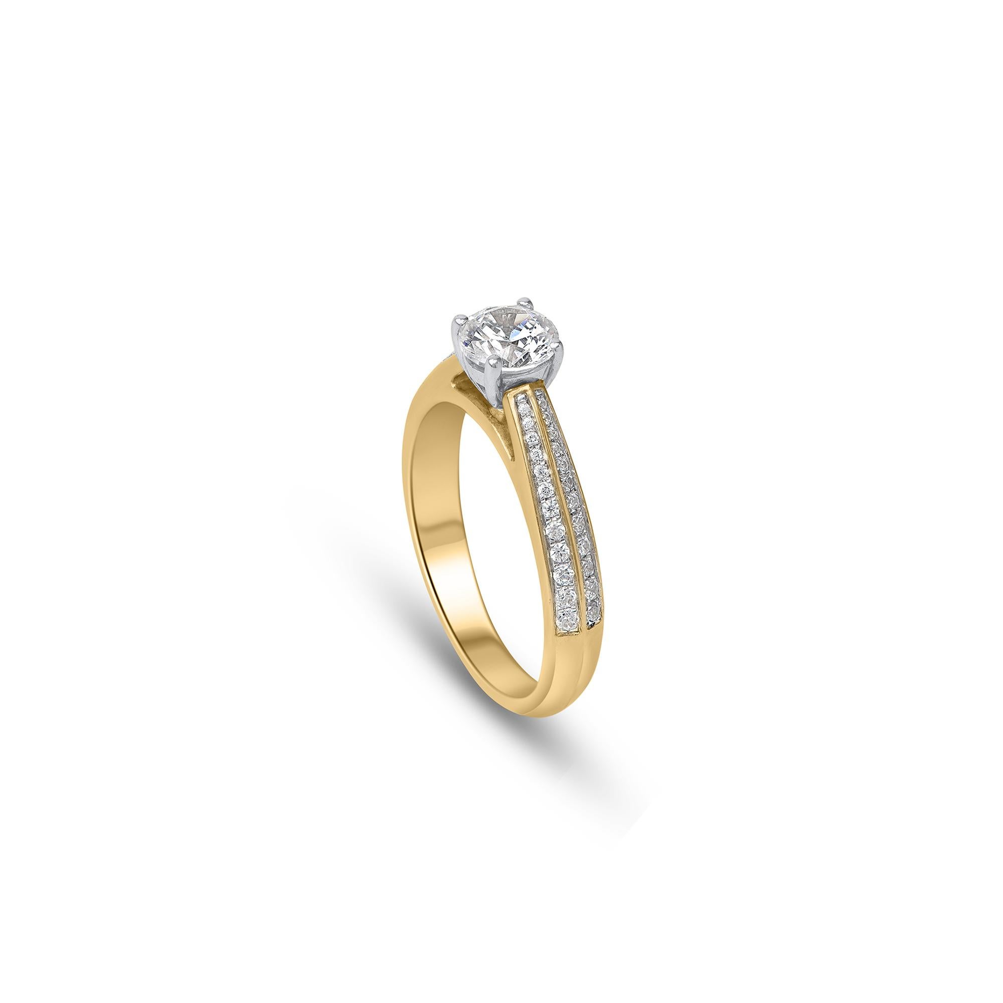 This dazzling design features 49 brilliant-cut diamonds beautifully set in prong and pave setting - crafted expertly in 18 kt yellow gold. Diamonds are graded H-I Color, I1 Clarity. 

Metal color and ring size can be customized on request. 

This