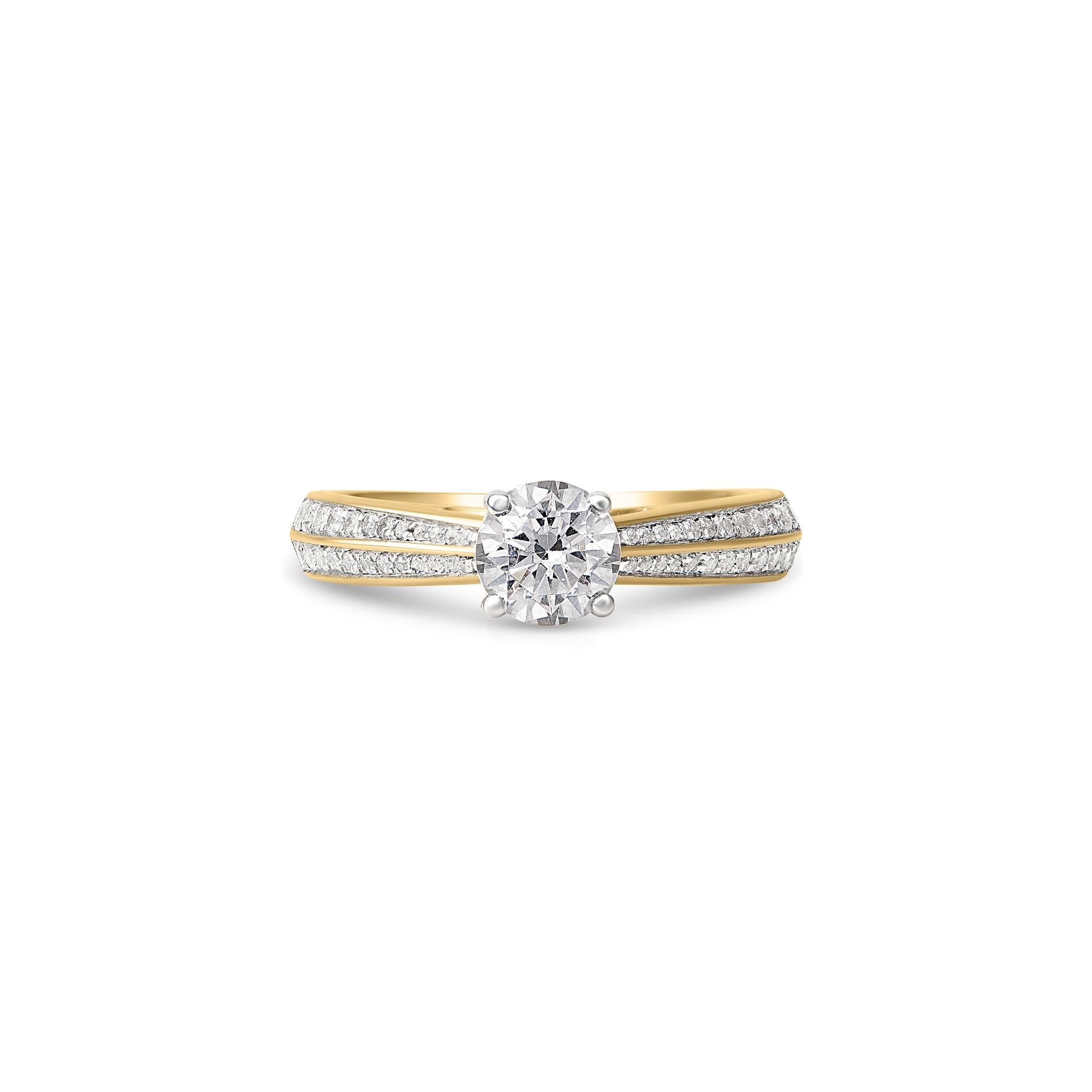 Modern TJD 1.00 Carat Round Diamond 18 Karat Yellow Gold Enticing Engagement Ring For Sale