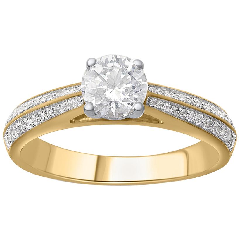 TJD 1.00 Carat Round Diamond 18 Karat Yellow Gold Enticing Engagement Ring For Sale