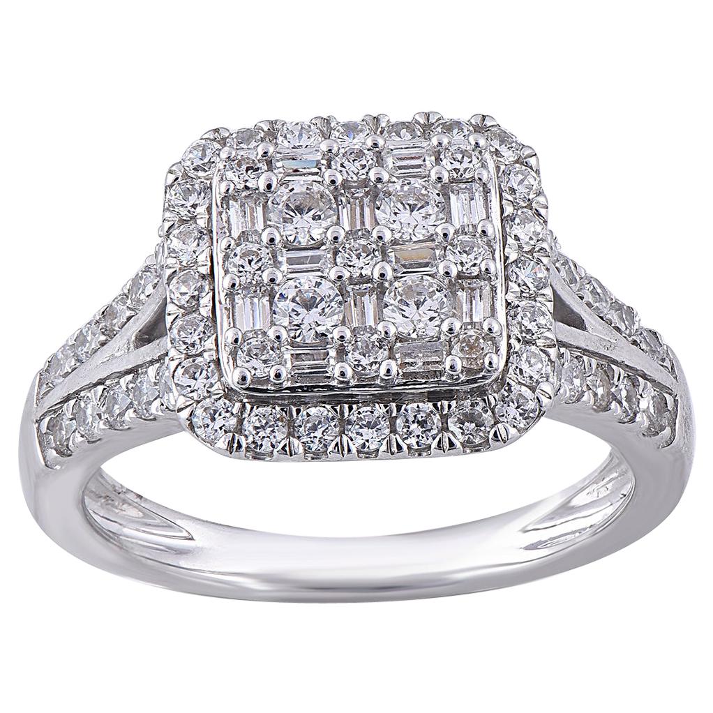 TJD 1.00 Carat Diamond 14 Karat White Gold Cushion Shape Halo Engagement Ring