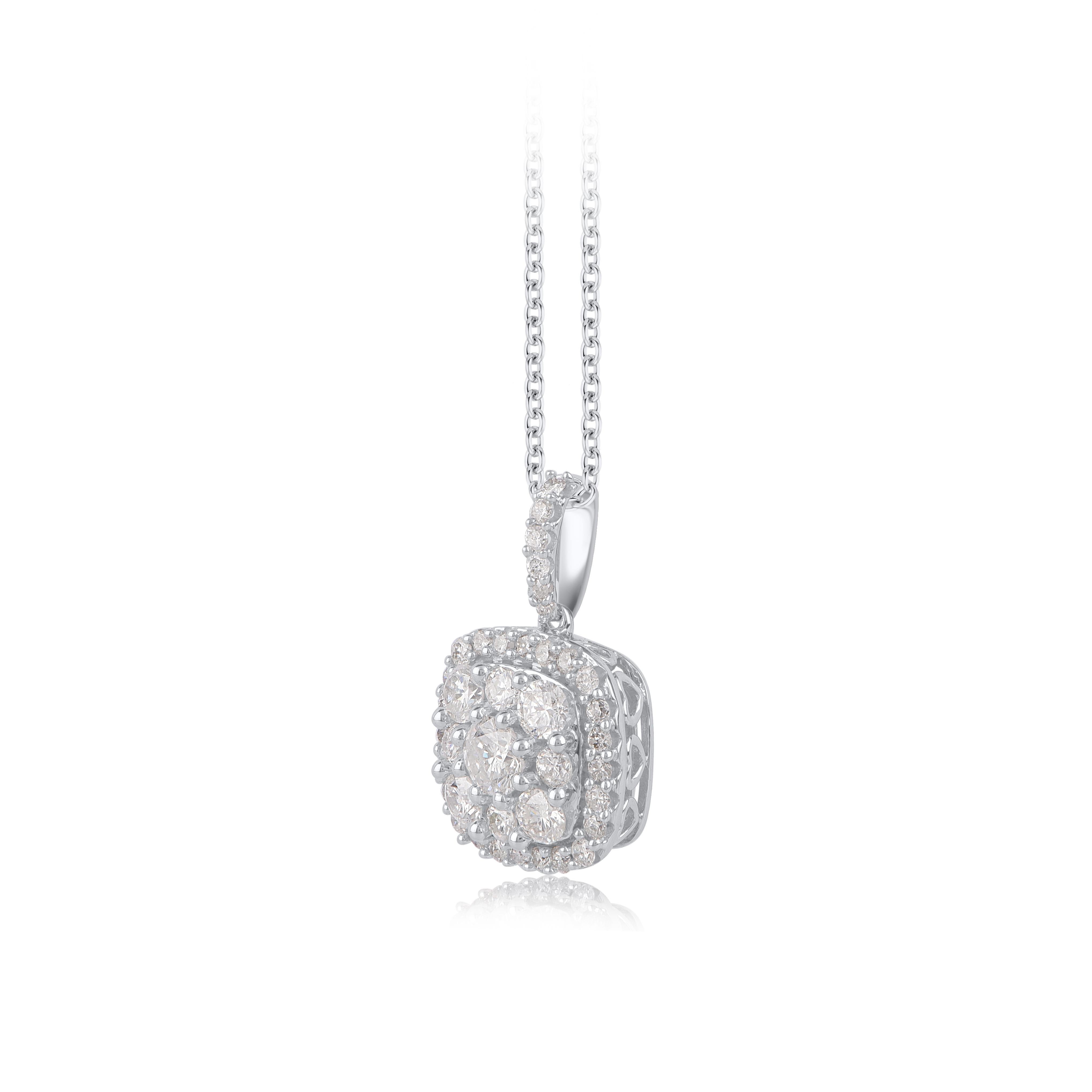 Bring charm to your look with this diamond cluster pendant. The pendant is crafted from 14-karat White gold and features Round Brilliant 39 white diamonds in prong set, H-I color I2 clarity and a high polish finish complete the Brilliant 