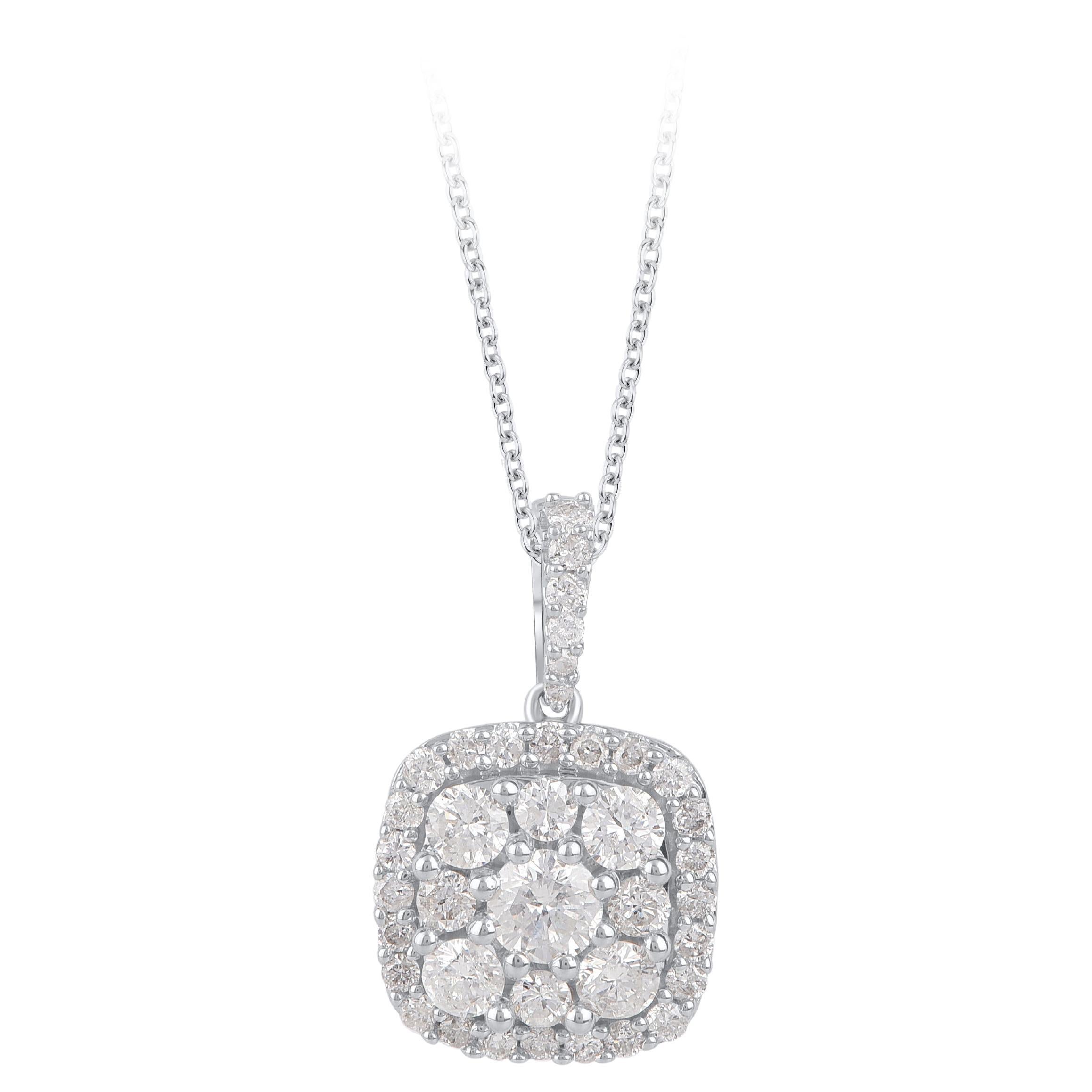 TJD 1.00 Carat Diamond 14 Karat White Gold Cushion Shaped Cluster Pendant For Sale