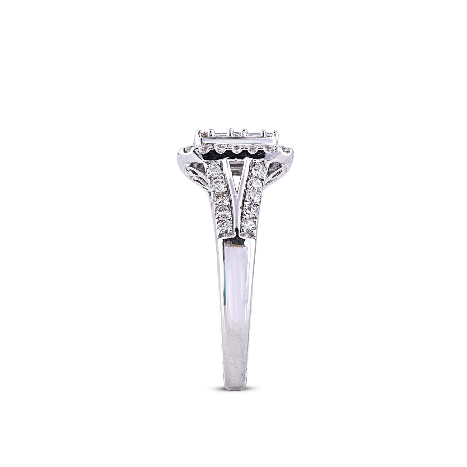 Baguette Cut TJD 1.00 Carat Diamond 14 Karat White Gold Cushion Shape Halo Engagement Ring For Sale