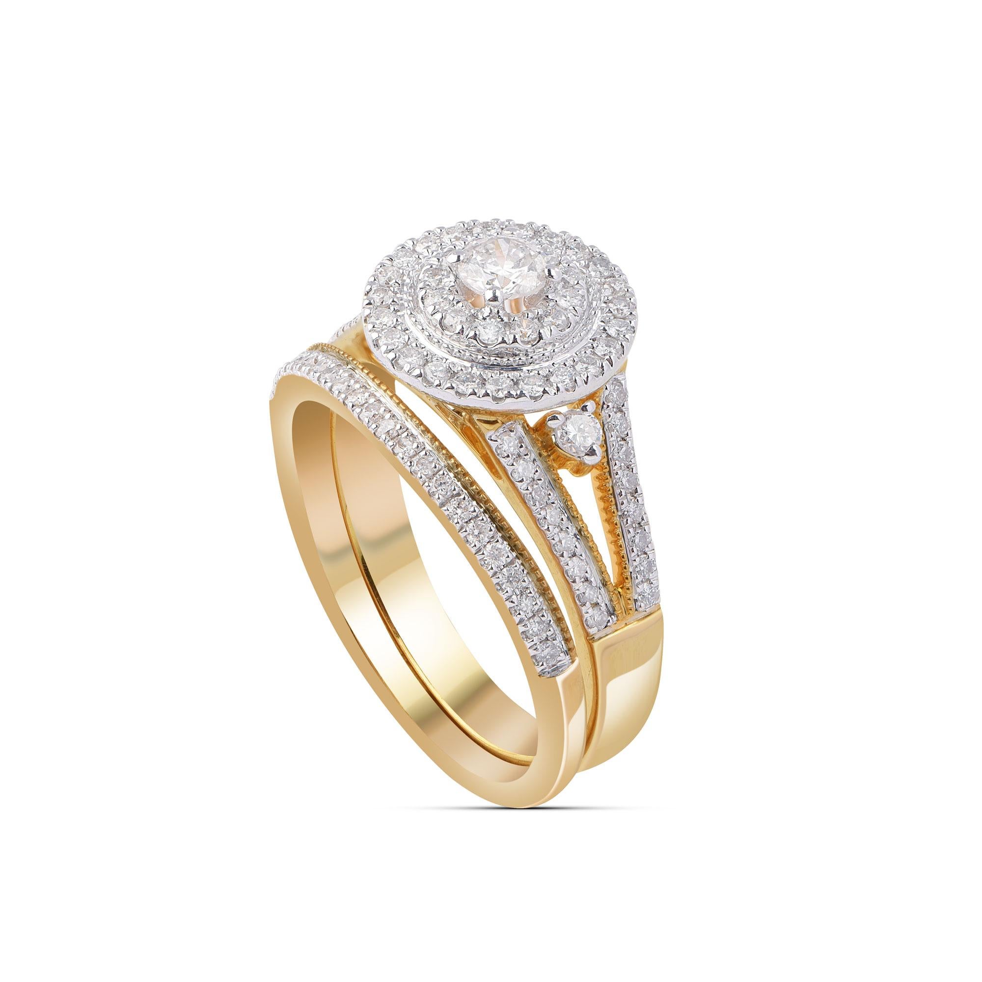This ring is studded with 92 round diamonds elegantly in micro-prong, prong and pave setting and made by our experts in 14-karat yellow gold, diamonds are graded H-I Color, I1 Clarity. Ring size is US size 7 and can be resized on request.