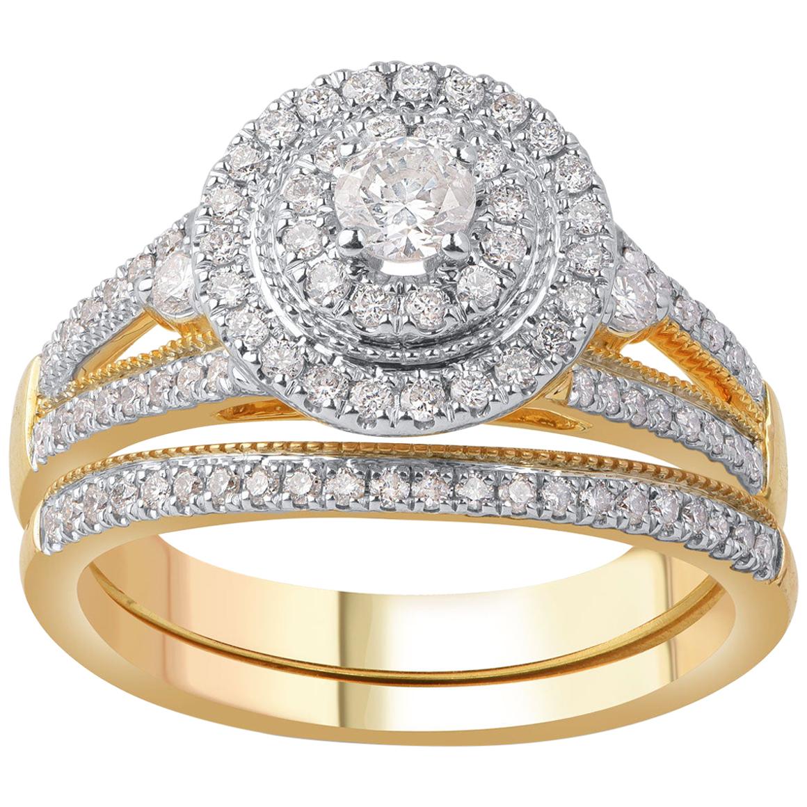 TJD 0.75 Carat Diamond 14 Karat Yellow Gold Split Shank Designer Bridal Ring