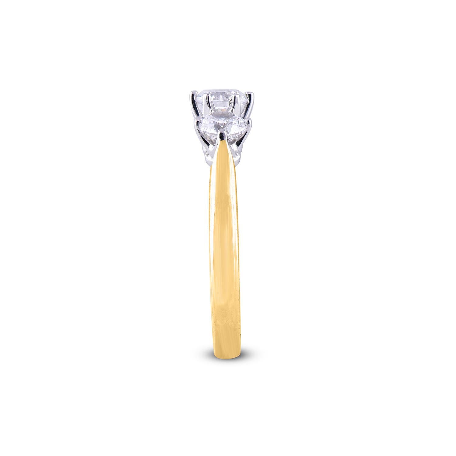 Round Cut TJD 1.00 Carat Diamond 18 Karat Two Tone Classic 3 Stone Engagement Ring For Sale