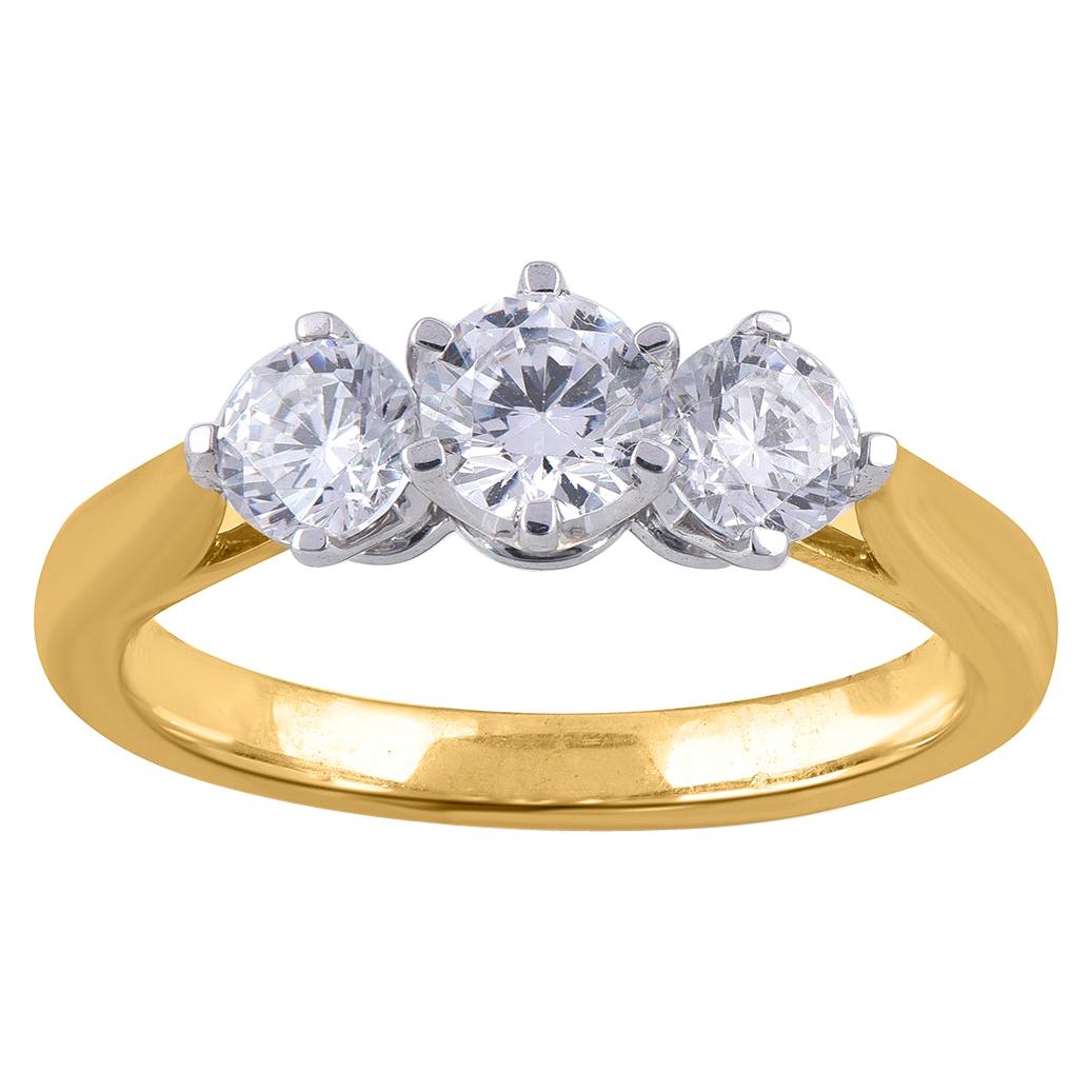 TJD 1.00 Carat Diamond 18 Karat Two Tone Classic 3 Stone Engagement Ring