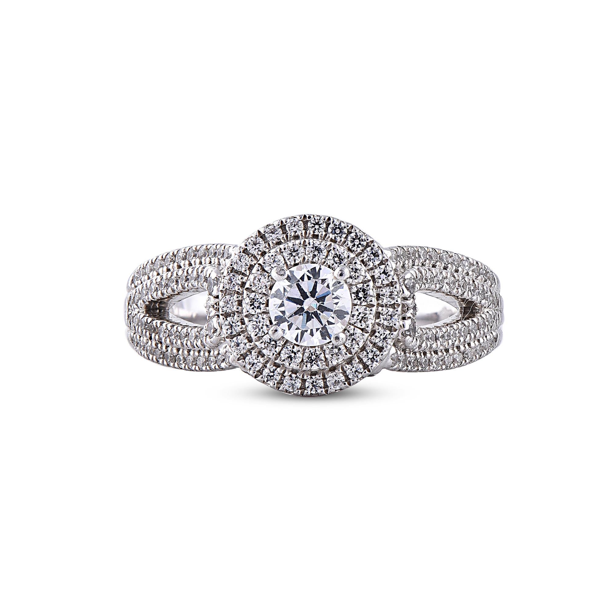 Round Cut TJD 1.00 Carat Diamond 18 Karat White Gold Double Frame Pave Engagement Ring For Sale