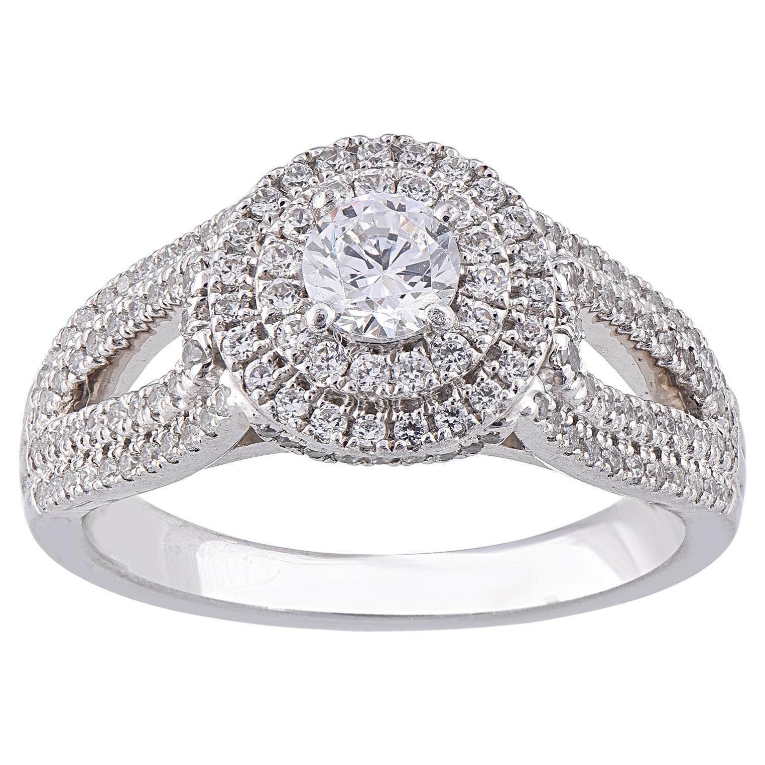 TJD 1.00 Carat Diamond 18 Karat White Gold Double Frame Pave Engagement Ring For Sale