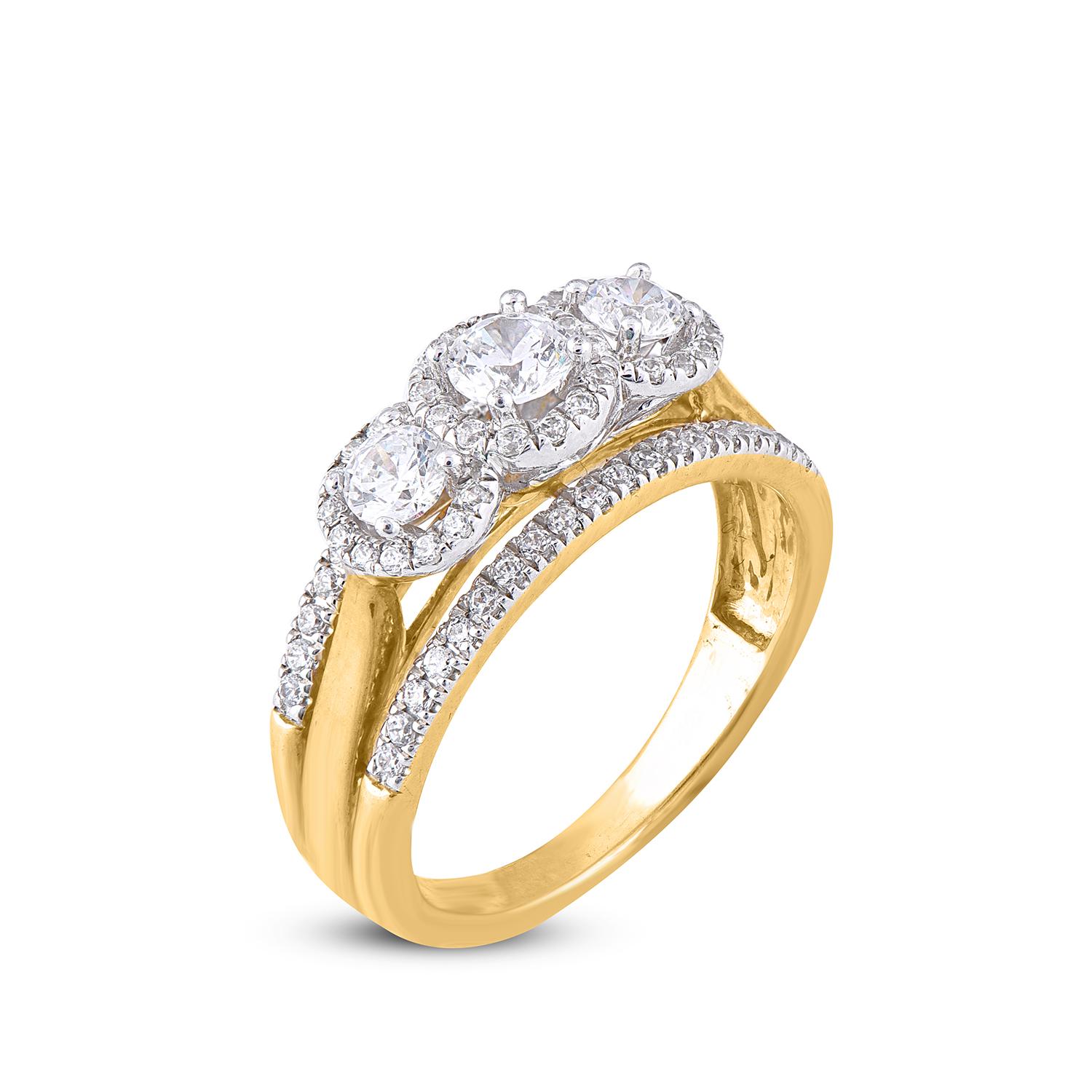 This dazzling design features 74 diamonds 0.246ct of centre stone and each side diamond is 0.17 ct and remaining diamond on frame and shank lined diamonds secured in prong setting crafted in 18 karat Yellow gold. Diamonds are graded G-H Color, SI1-2