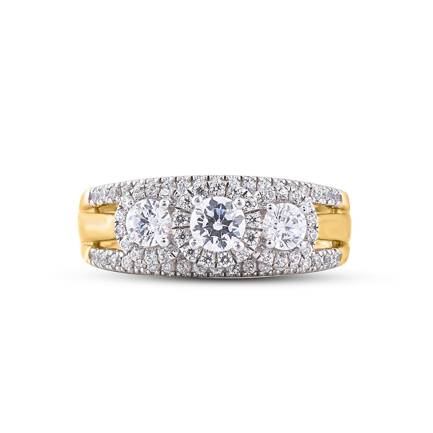 Round Cut TJD 1.00 Carat Diamond 18 Karat Yellow Gold 3 Stone Vintage Engagement Ring For Sale