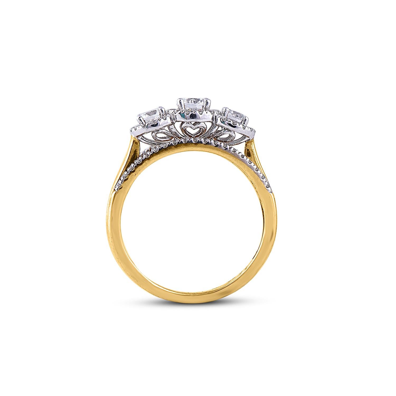 Women's TJD 1.00 Carat Diamond 18 Karat Yellow Gold 3 Stone Vintage Engagement Ring For Sale