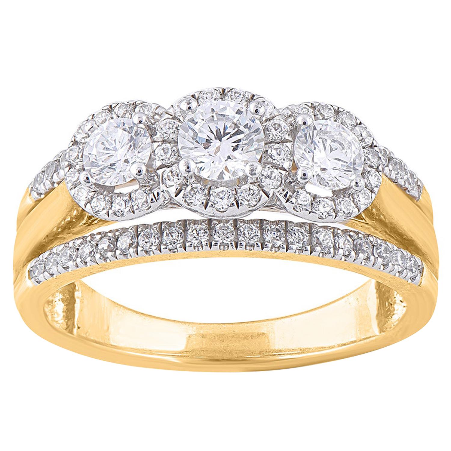 TJD 1.00 Carat Diamond 18 Karat Yellow Gold 3 Stone Vintage Engagement Ring For Sale