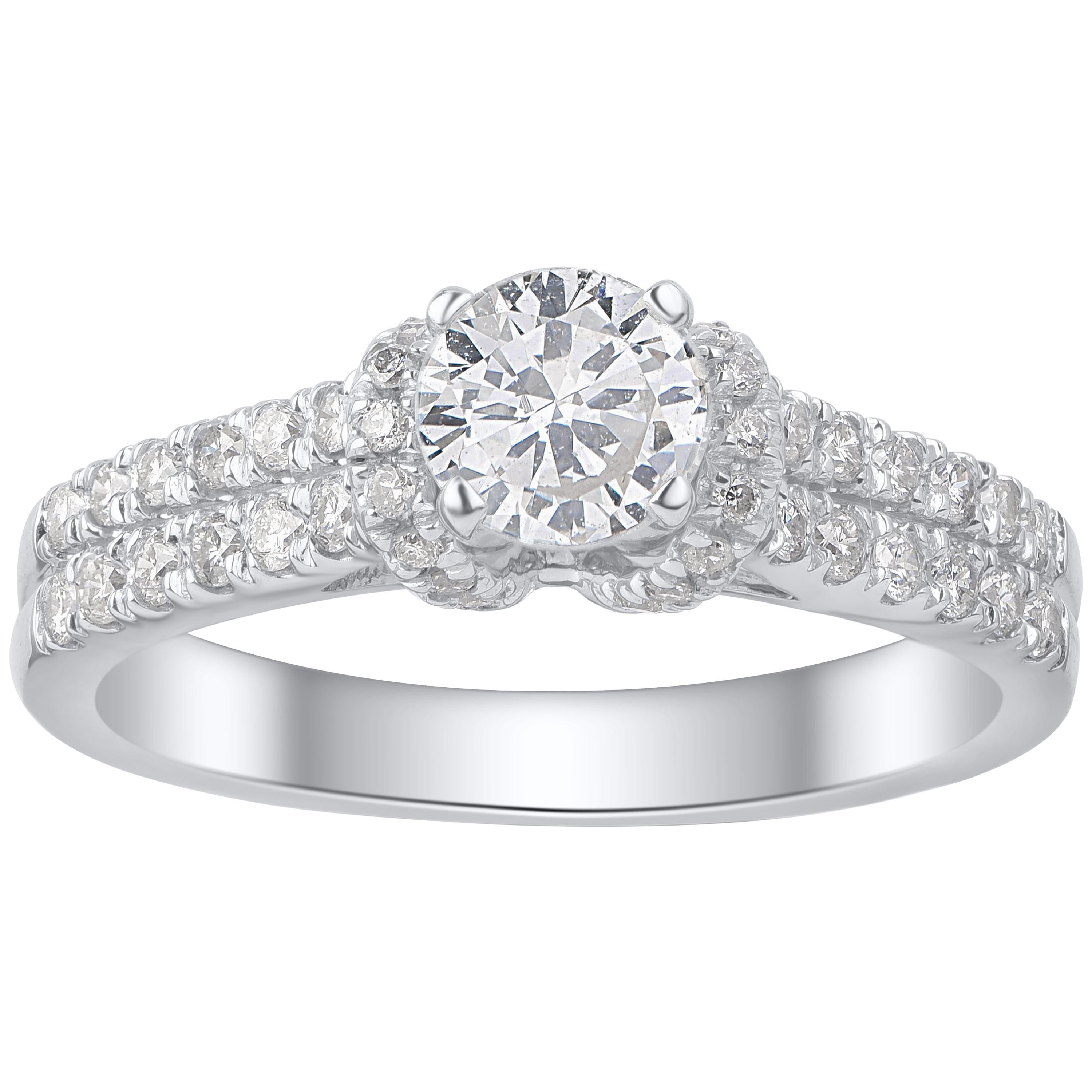 TJD 1.00 Carat Round Diamond 18 Karat White Gold Double Row Engagement Ring