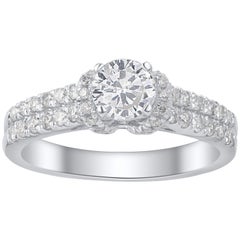 TJD 1.00 Carat Round Diamond 18 Karat White Gold Double Row Engagement Ring