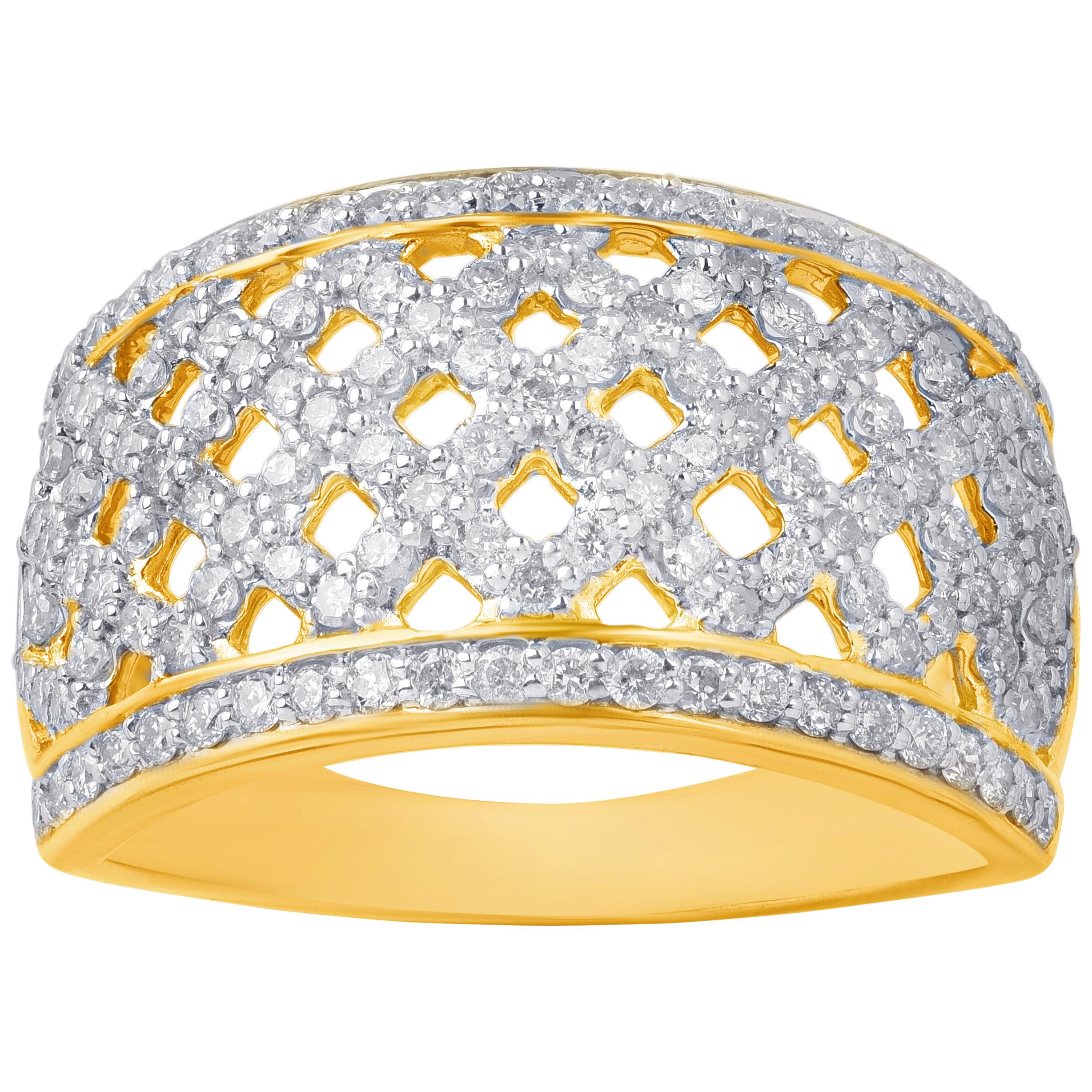 TJD 1.00 Carat Natural Diamond 10 Karat Yellow Gold Chequered Design Ring