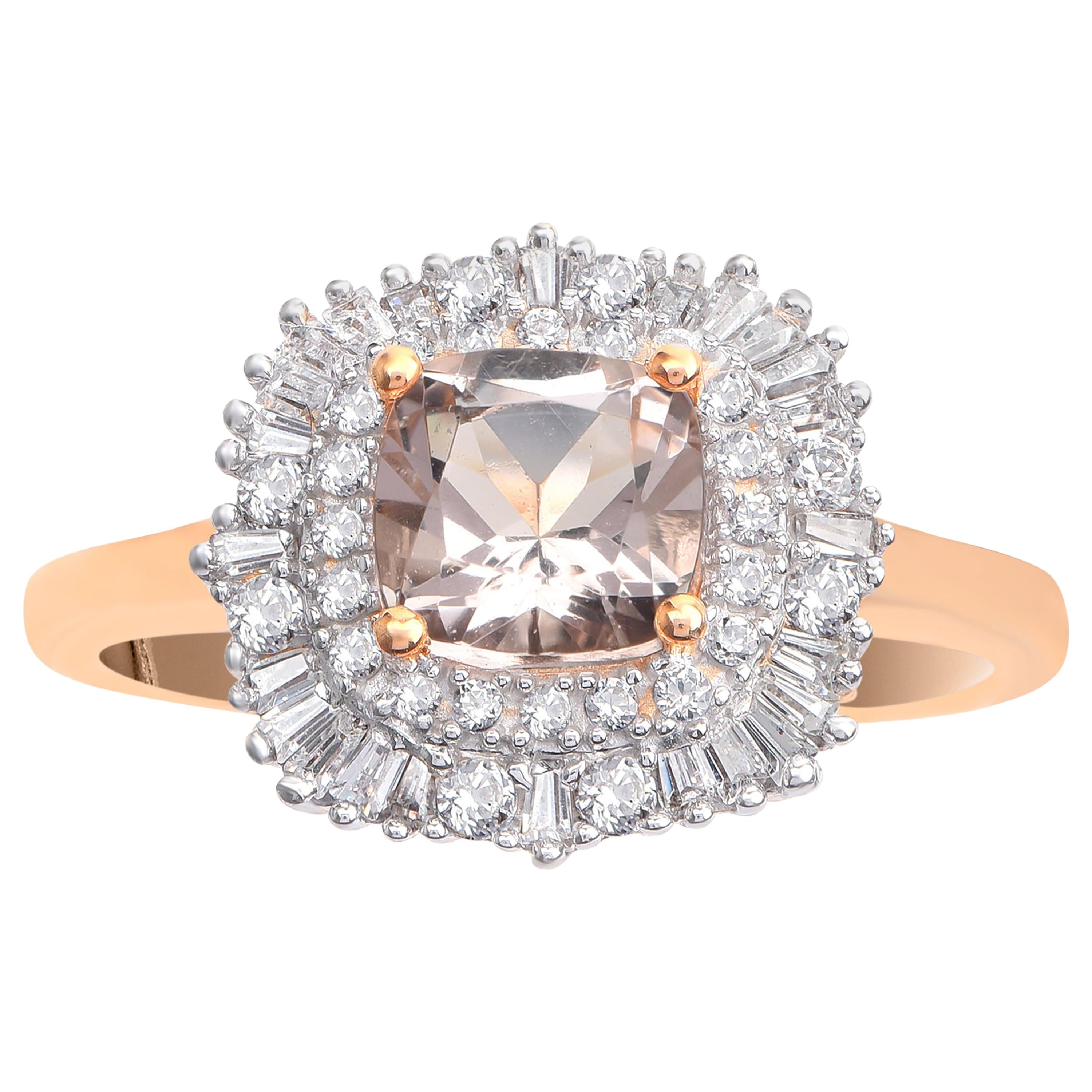 TJD 0.33 Carat Diamond and 6X6 MM Cushion Cut Morganite 18 Karat Rose Gold Ring