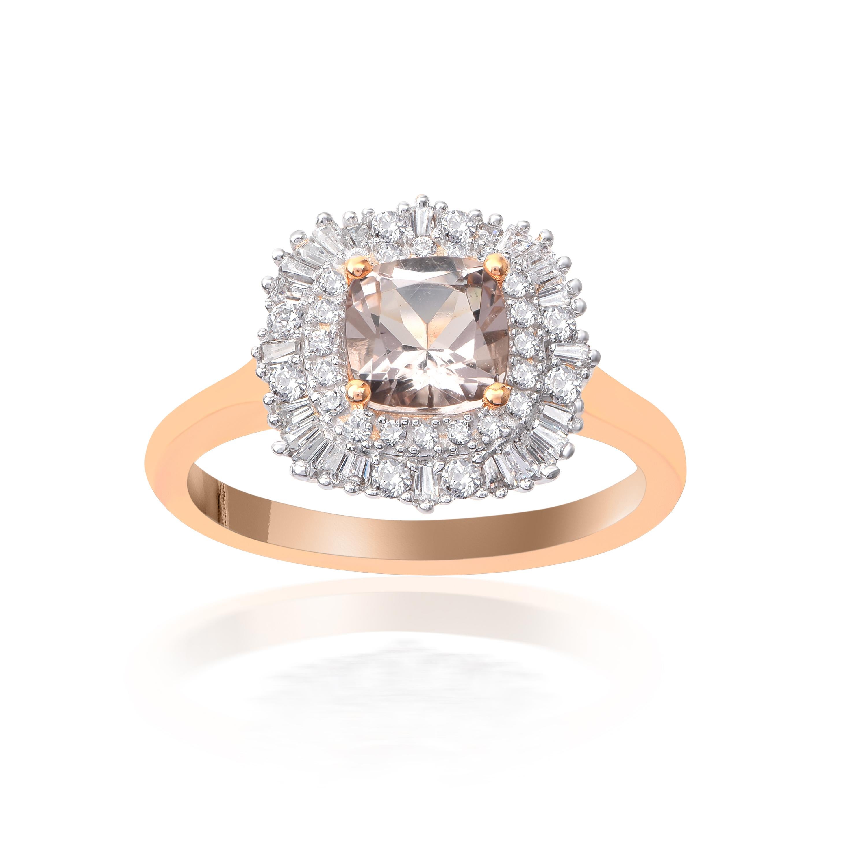 Exquisitely designed in 18-karat rose gold, this shimmering design features 28 brilliant cut, 24 baguette diamonds and 1 natural morganite gemstone in micro-prong and prong setting. The diamonds are graded H-I Color, I2 Clarity.