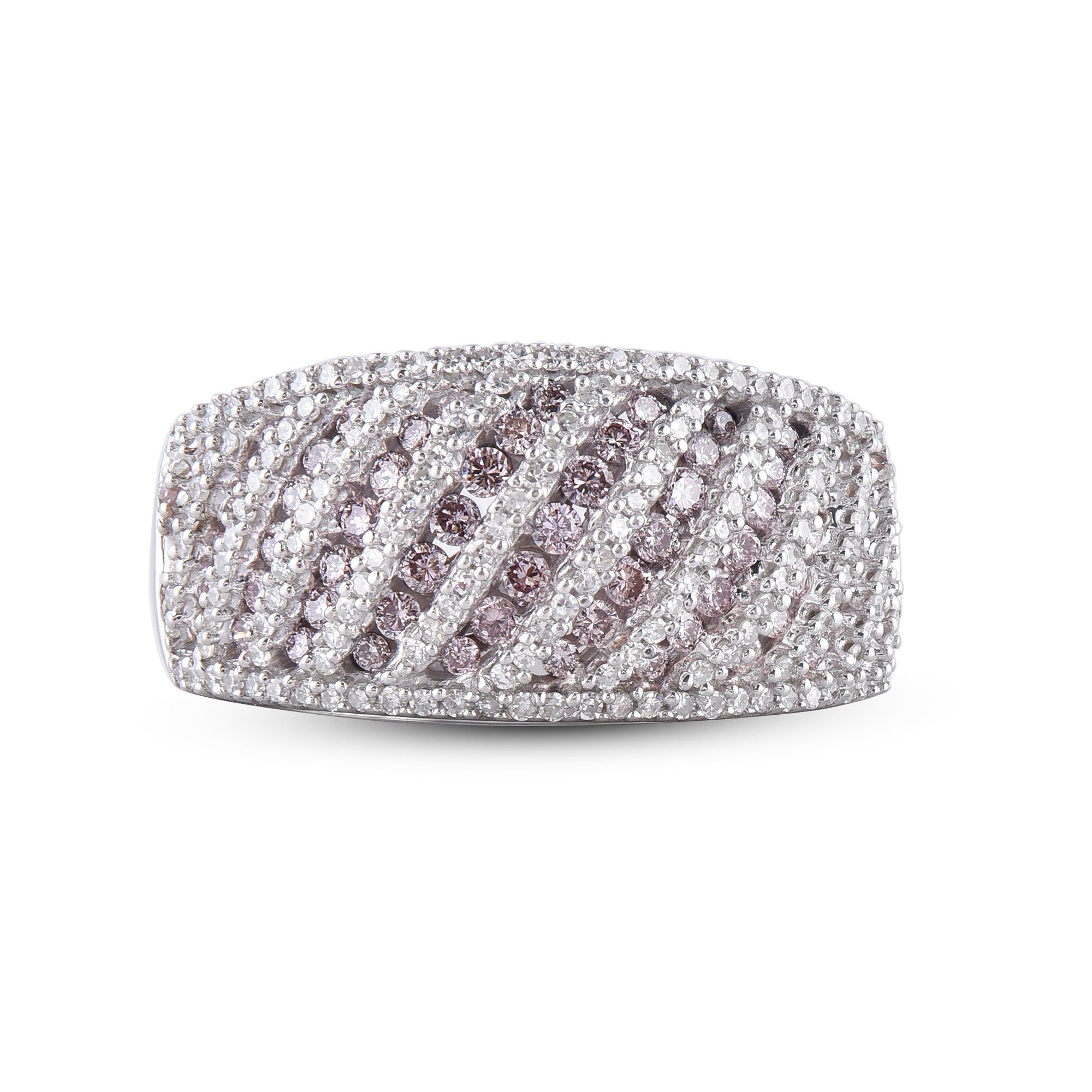 Round Cut TJD 1.00 Carat Nat. Pink Rosé & White Diamond 18 Kt White Gold Wedding Band Ring For Sale