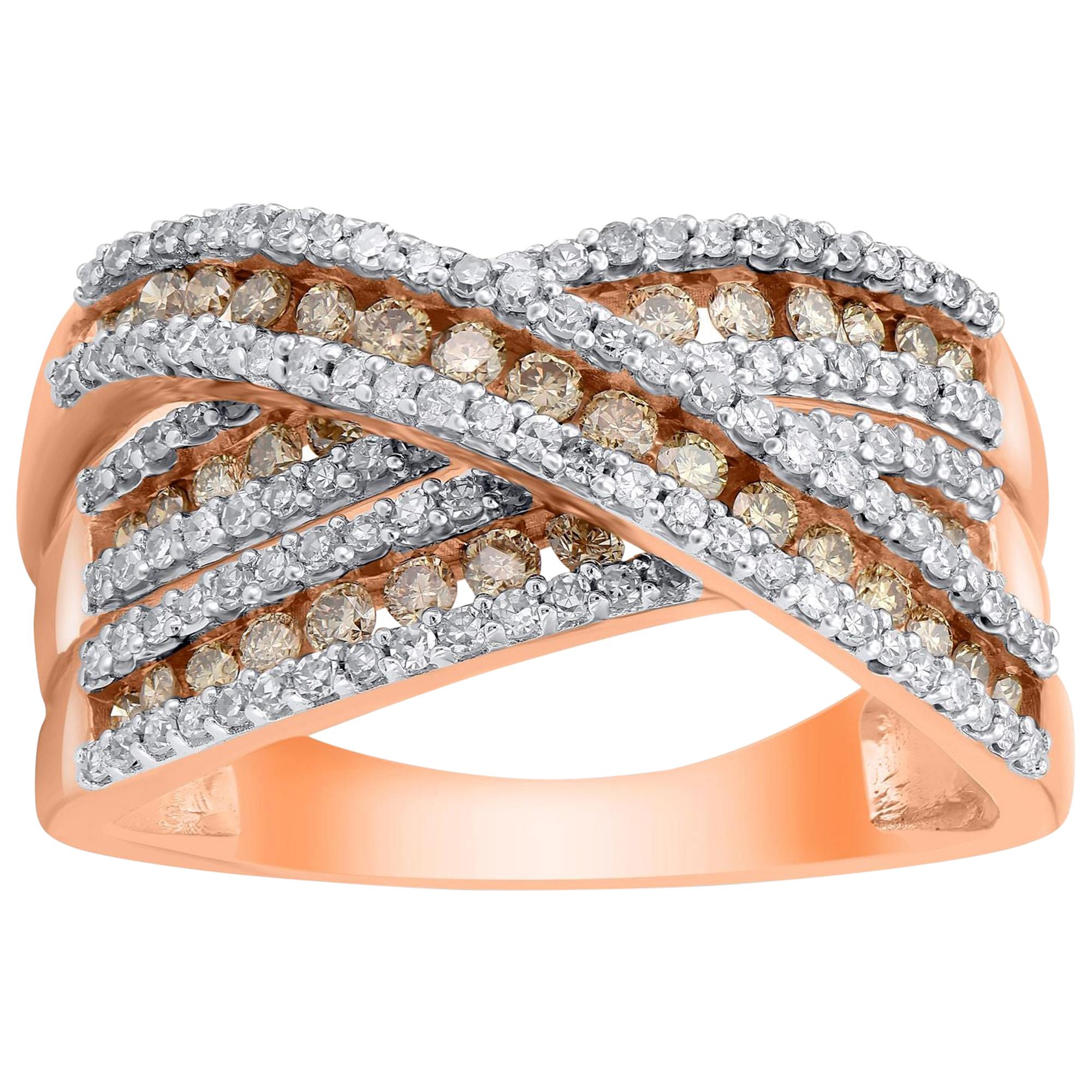 TJD 1.00 Carat Champagne and White Diamond 10 Karat Rose Gold Crossover Ring For Sale